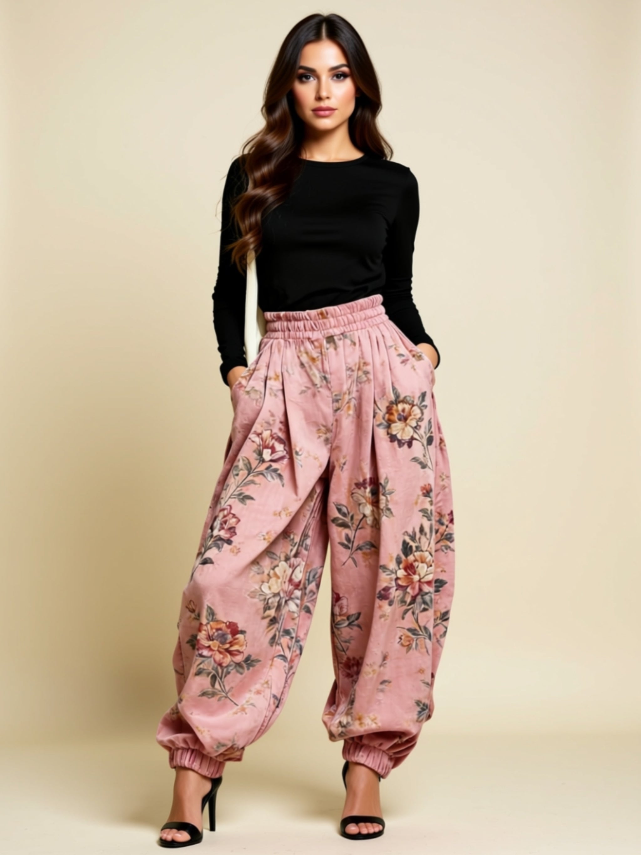 Floral High-Waisted Wide-Leg Lantern Pants with Cuffed Hem
