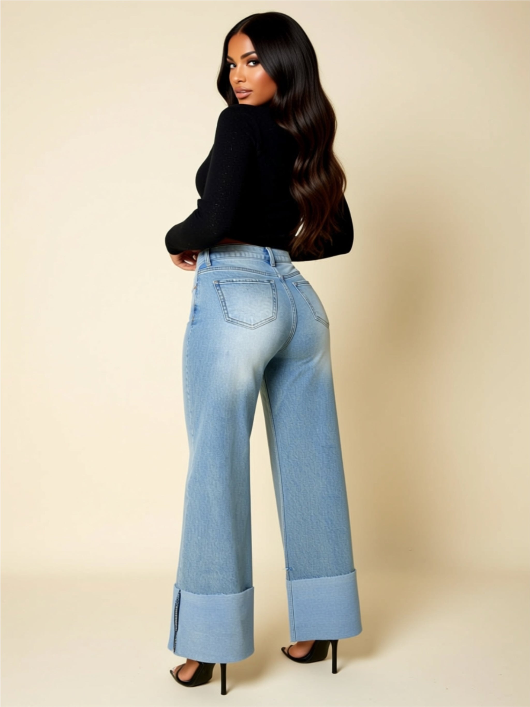 High‑Waisted Wide‑Leg Cuffed Jeans