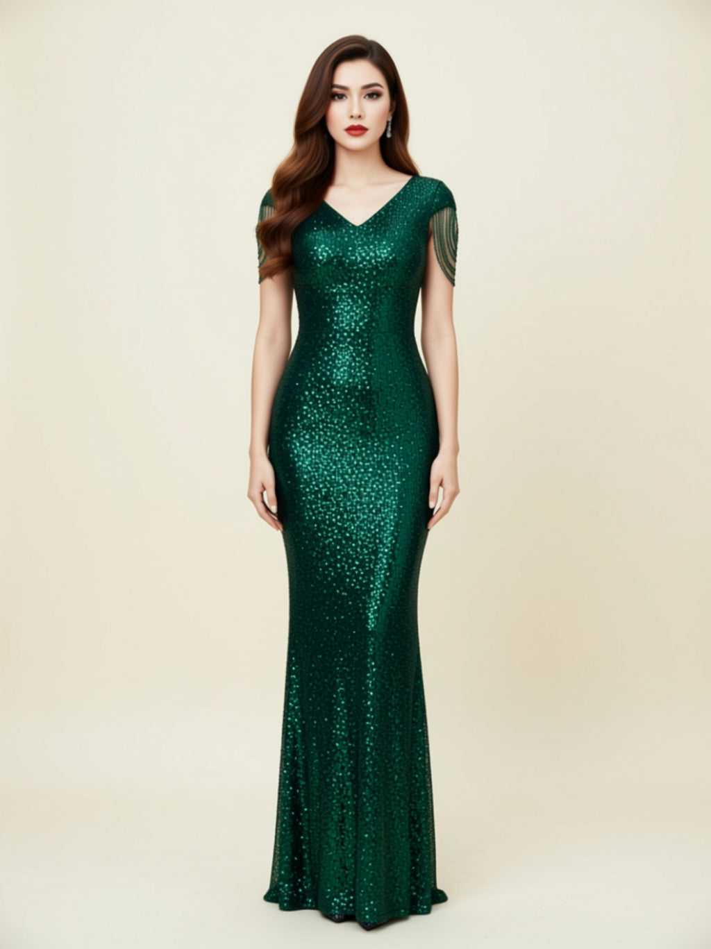 V‑Neck Sequin Stretch Maxi Gown with Beaded Shoulder Drapes