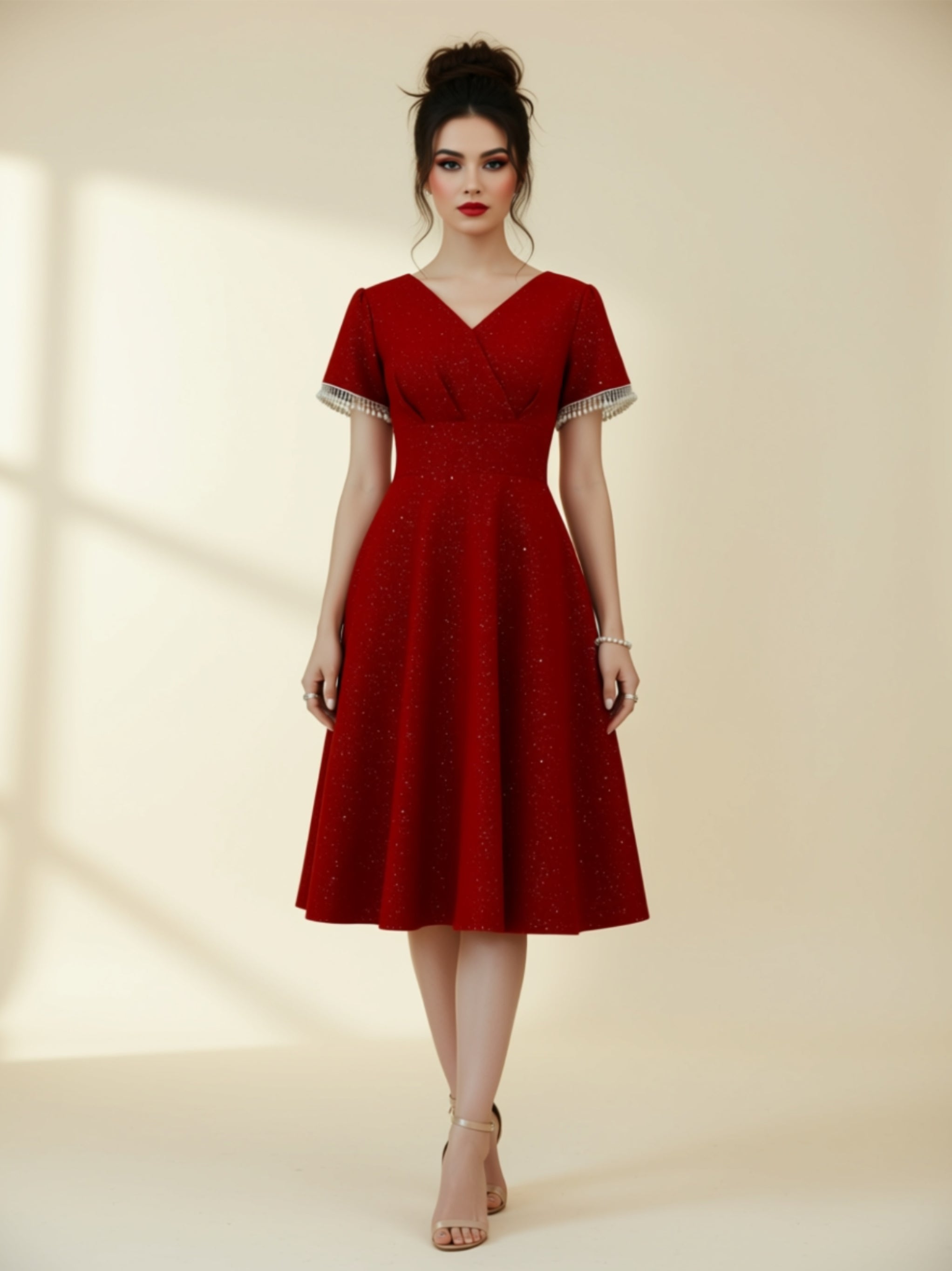 Elegant Red A‑Line Midi Dress