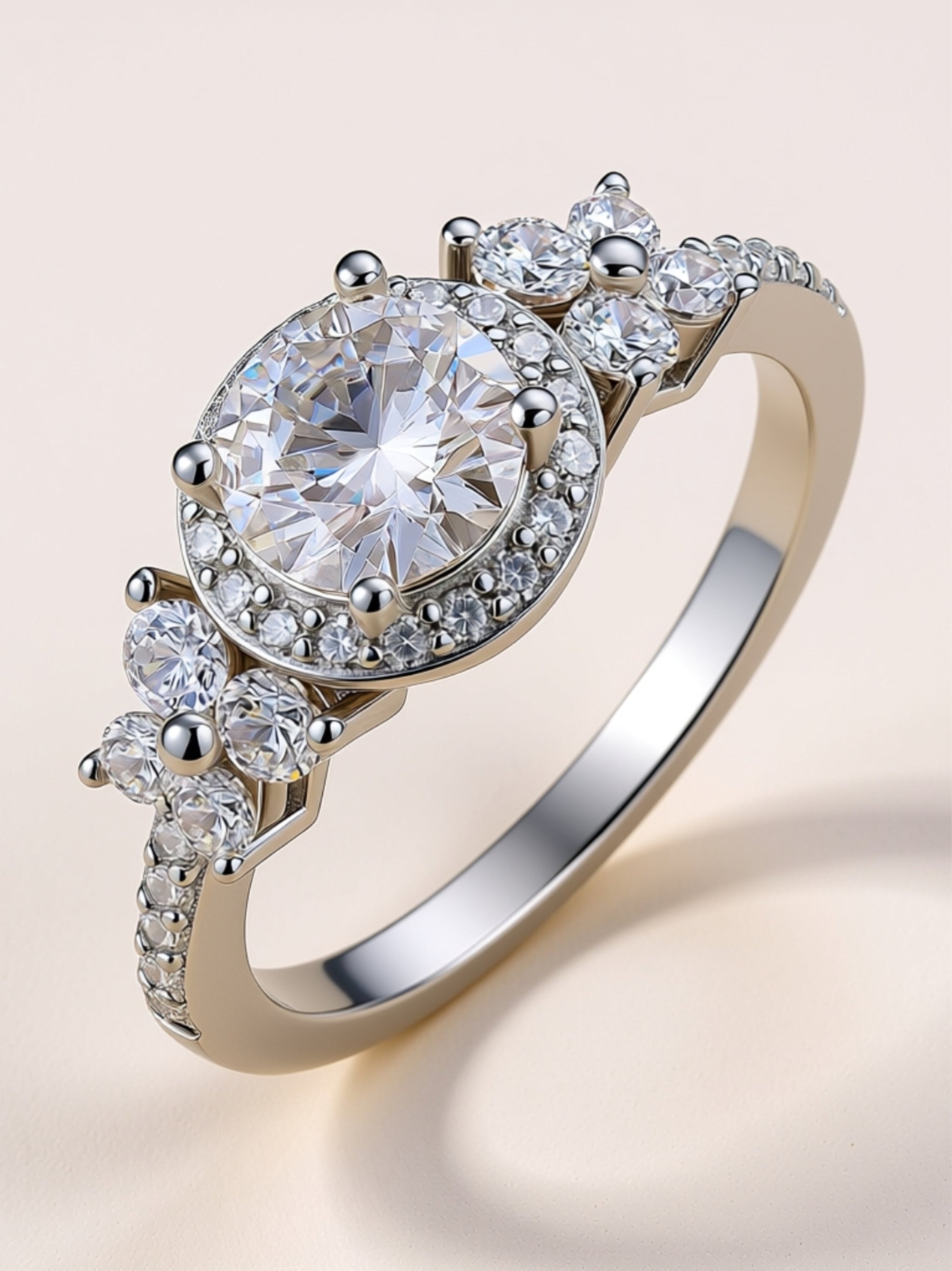 S925 Platinum‑Plated 1‑Carat Moissanite Floral Halo Engagement Ring