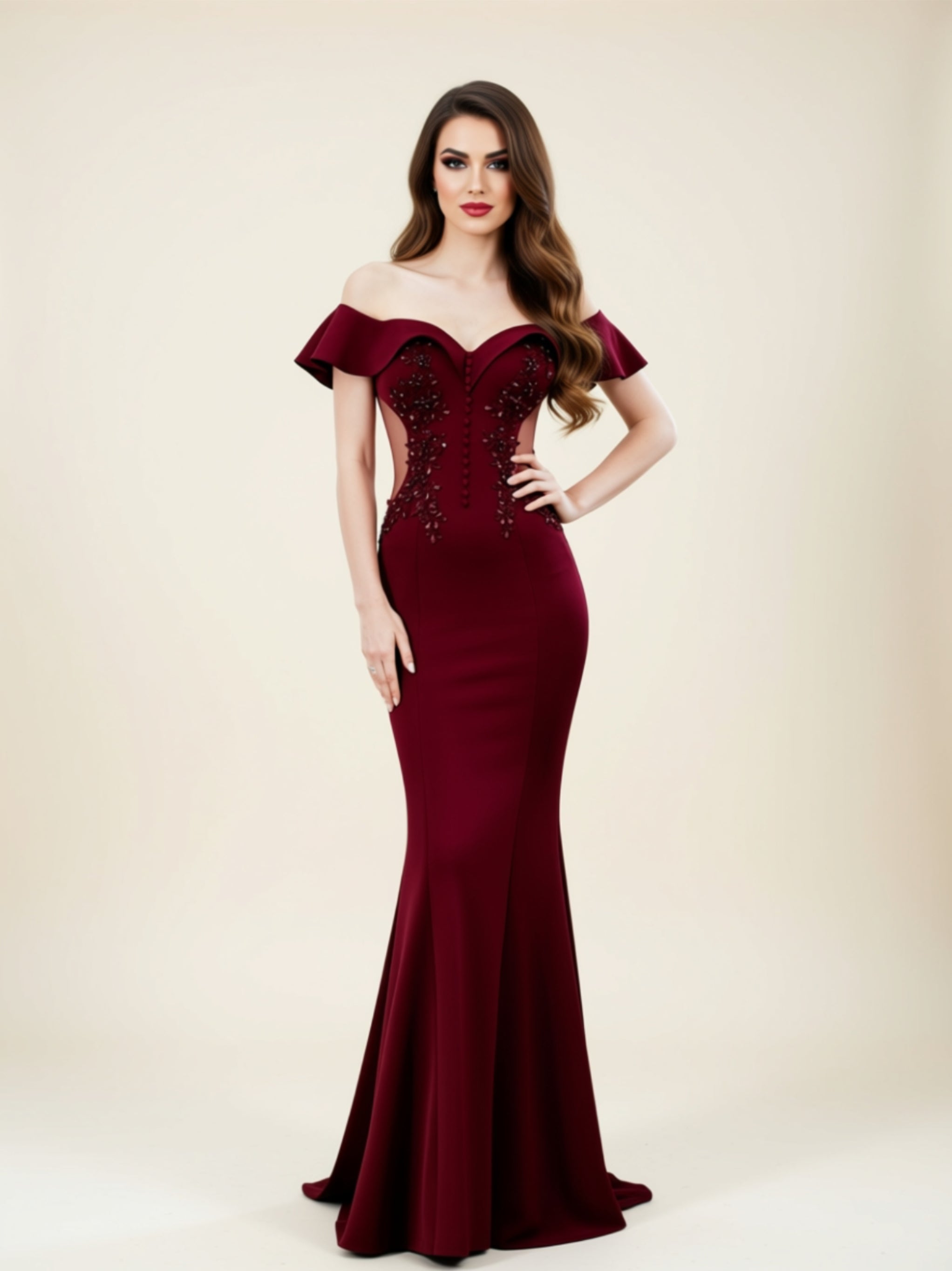 Off‑Shoulder Embellished Mermaid Gown –