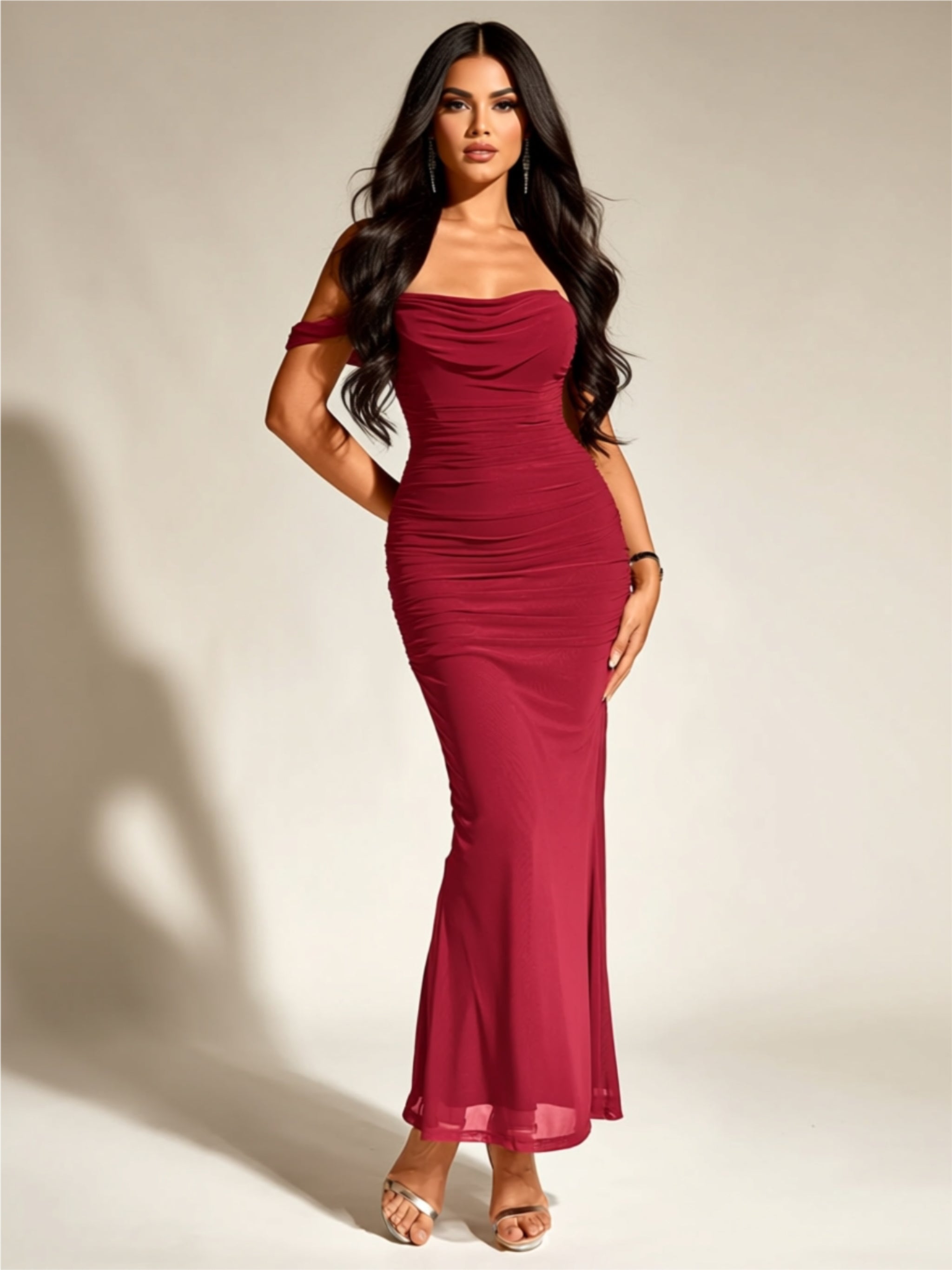 Off‑Shoulder Ruched Maxi Dress