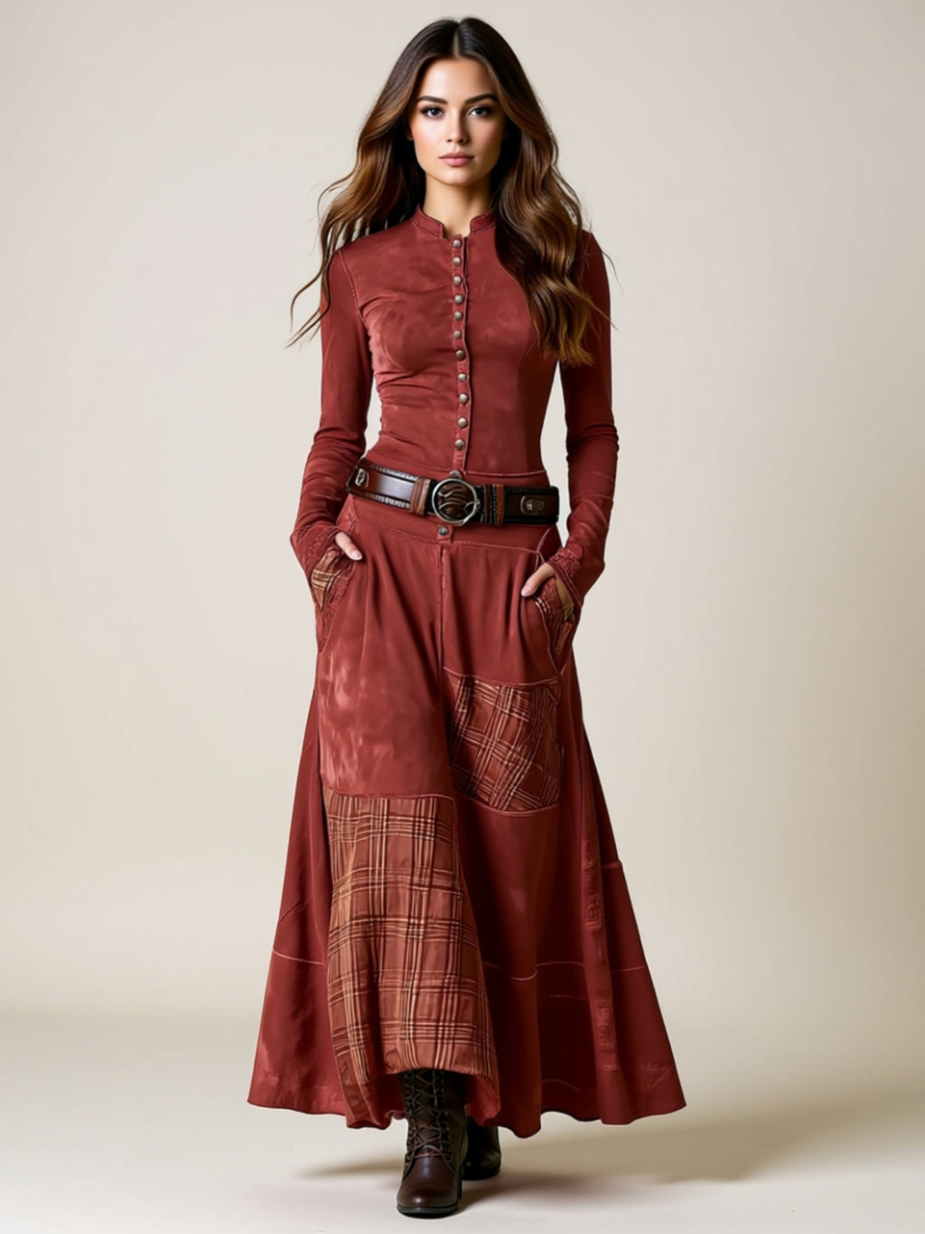 Vintage Buttoned Patchwork Maxi Dress with Pockets & Split Hem