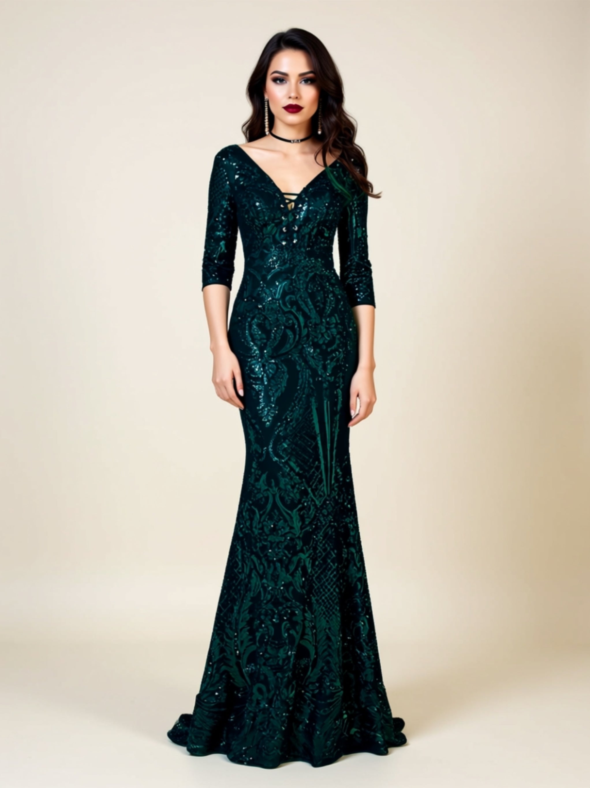 V‑Neck Sequin Embellished Mermaid Gown