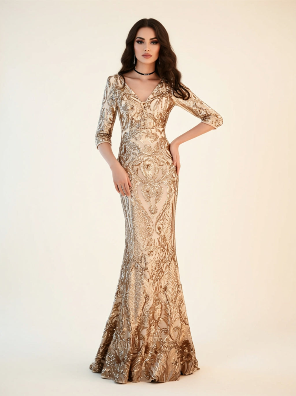 V‑Neck Sequin Embellished Mermaid Gown