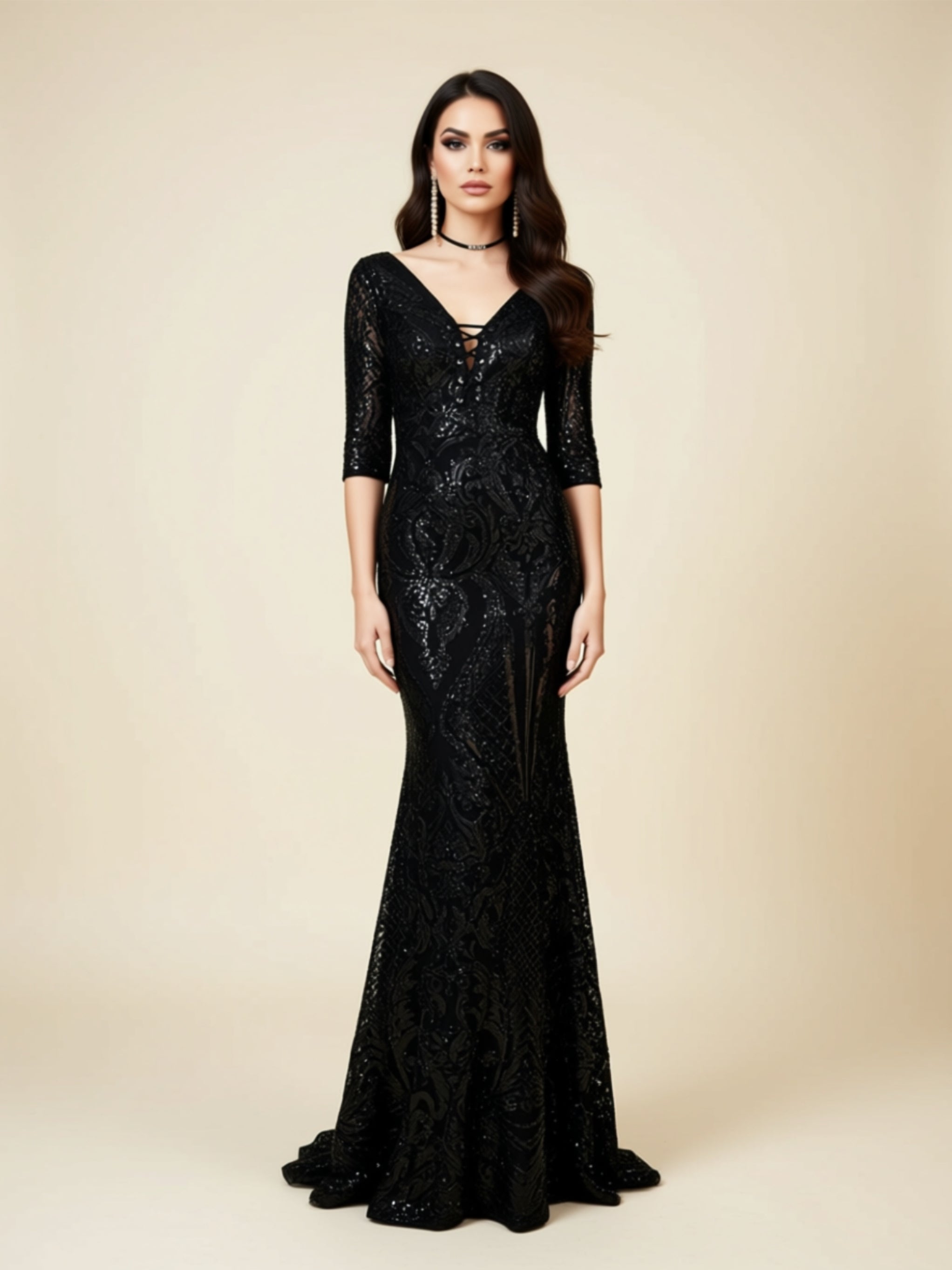 V‑Neck Sequin Embellished Mermaid Gown