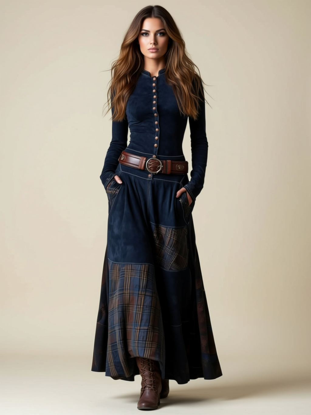 Vintage Buttoned Patchwork Maxi Dress with Pockets & Split Hem