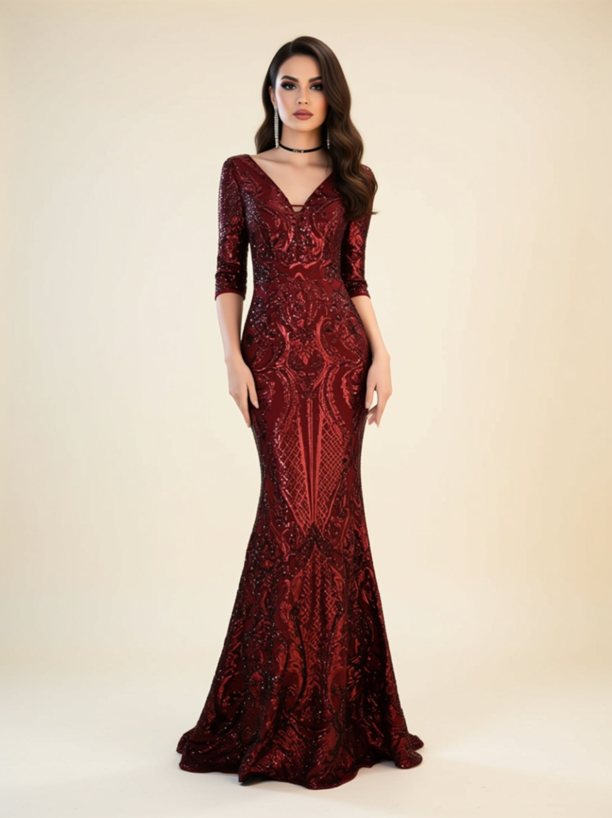 V‑Neck Sequin Embellished Mermaid Gown