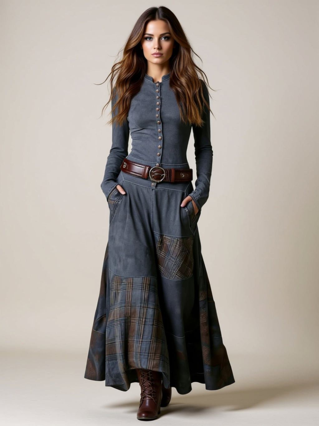 Vintage Buttoned Patchwork Maxi Dress with Pockets & Split Hem
