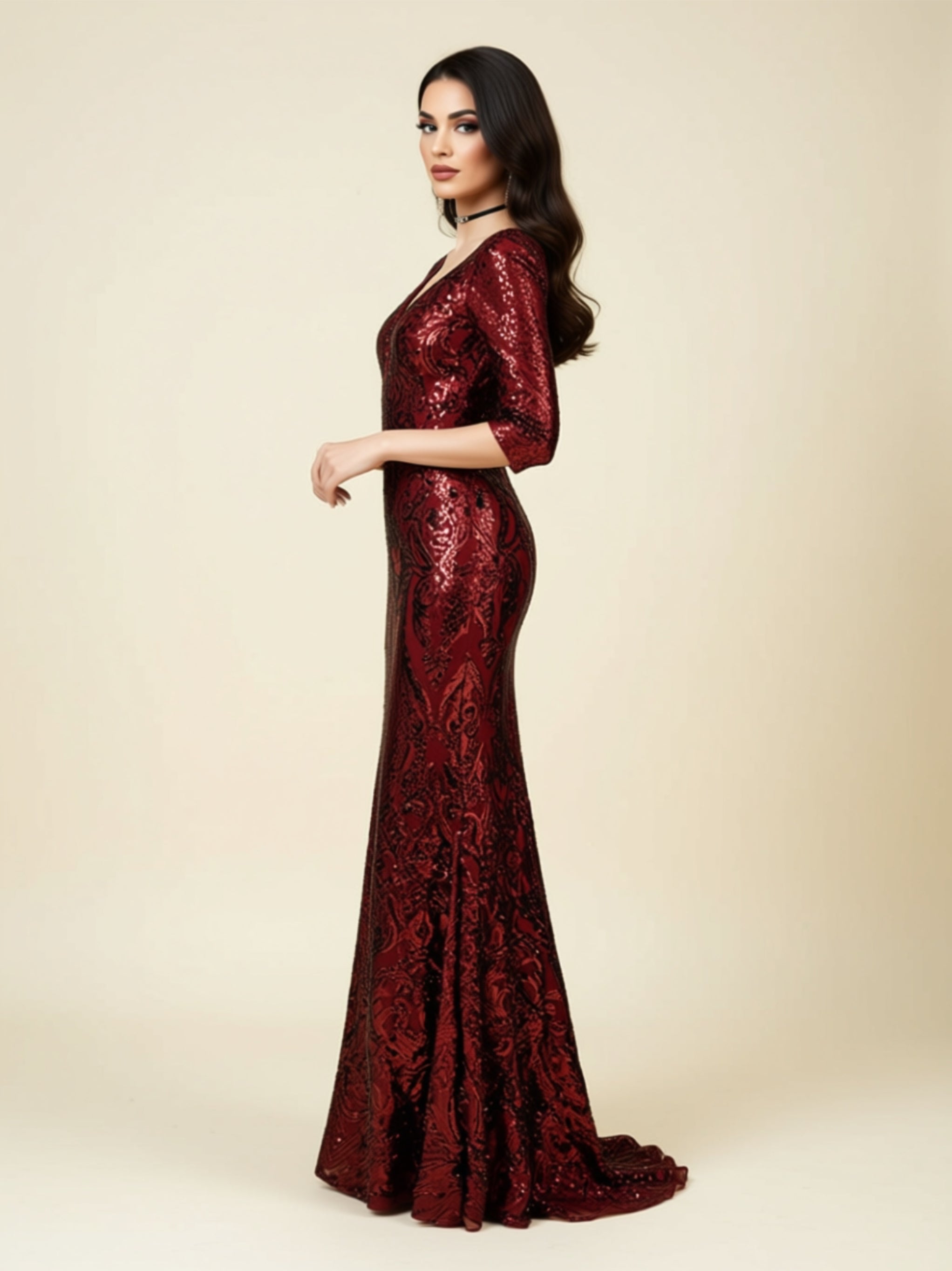 V‑Neck Sequin Embellished Mermaid Gown