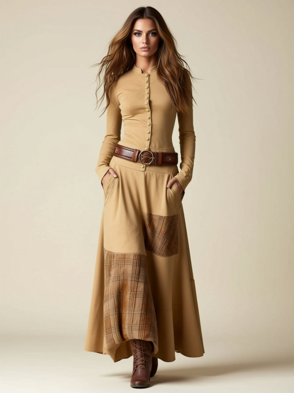 Vintage Buttoned Patchwork Maxi Dress with Pockets & Split Hem