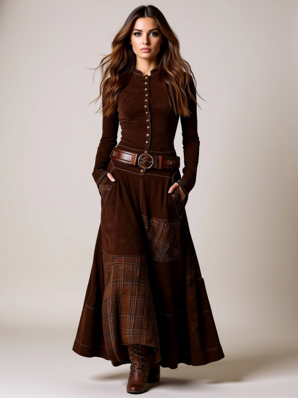 Vintage Buttoned Patchwork Maxi Dress with Pockets & Split Hem