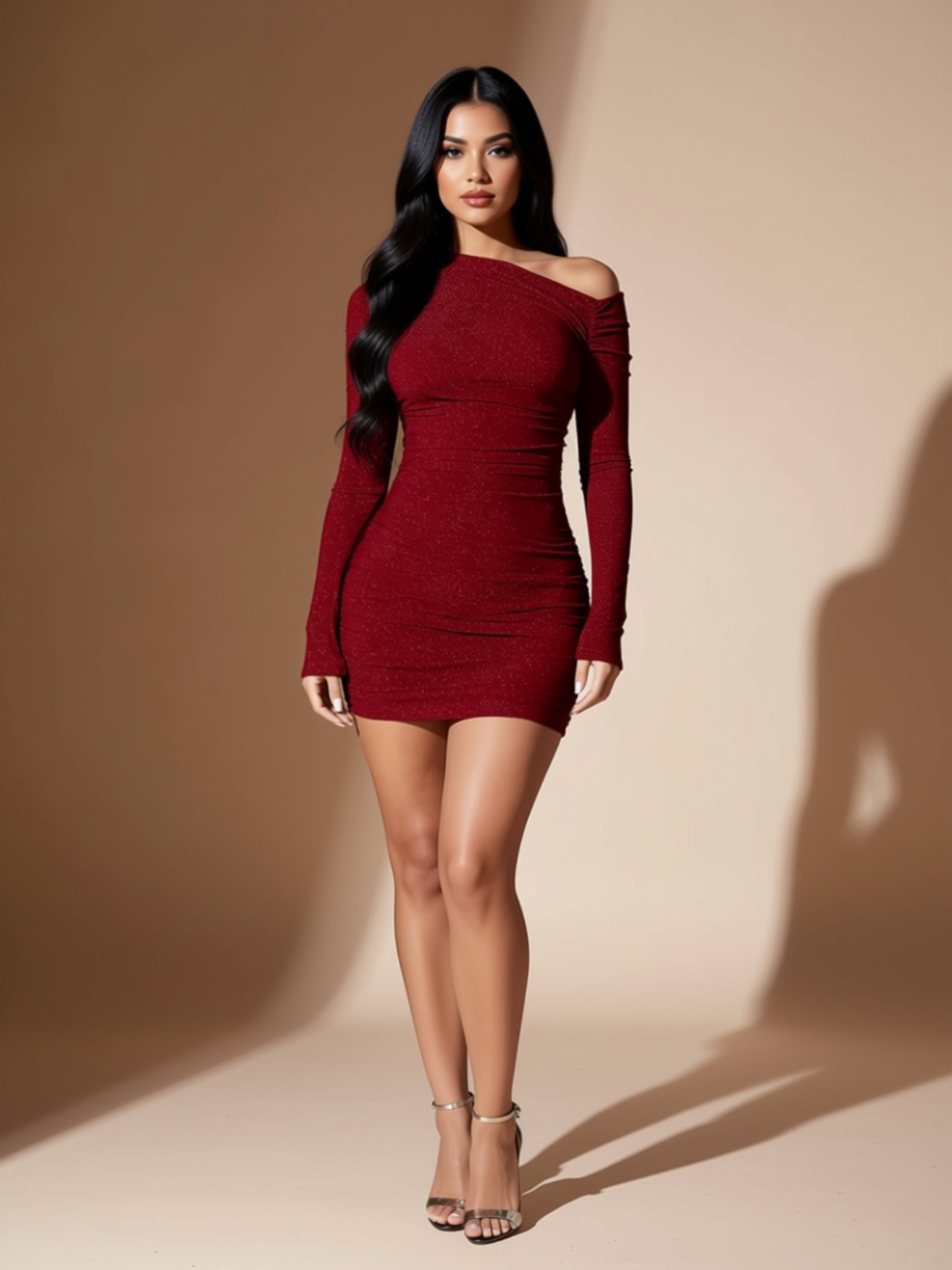 Red Off‑Shoulder Long Sleeve A‑Line Mini Dress