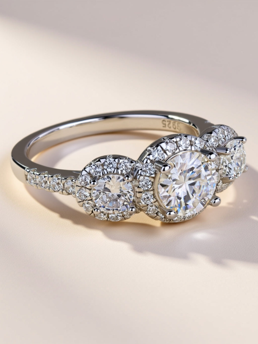 1CT Three‑Stone Moissanite Halo Engagement Ring