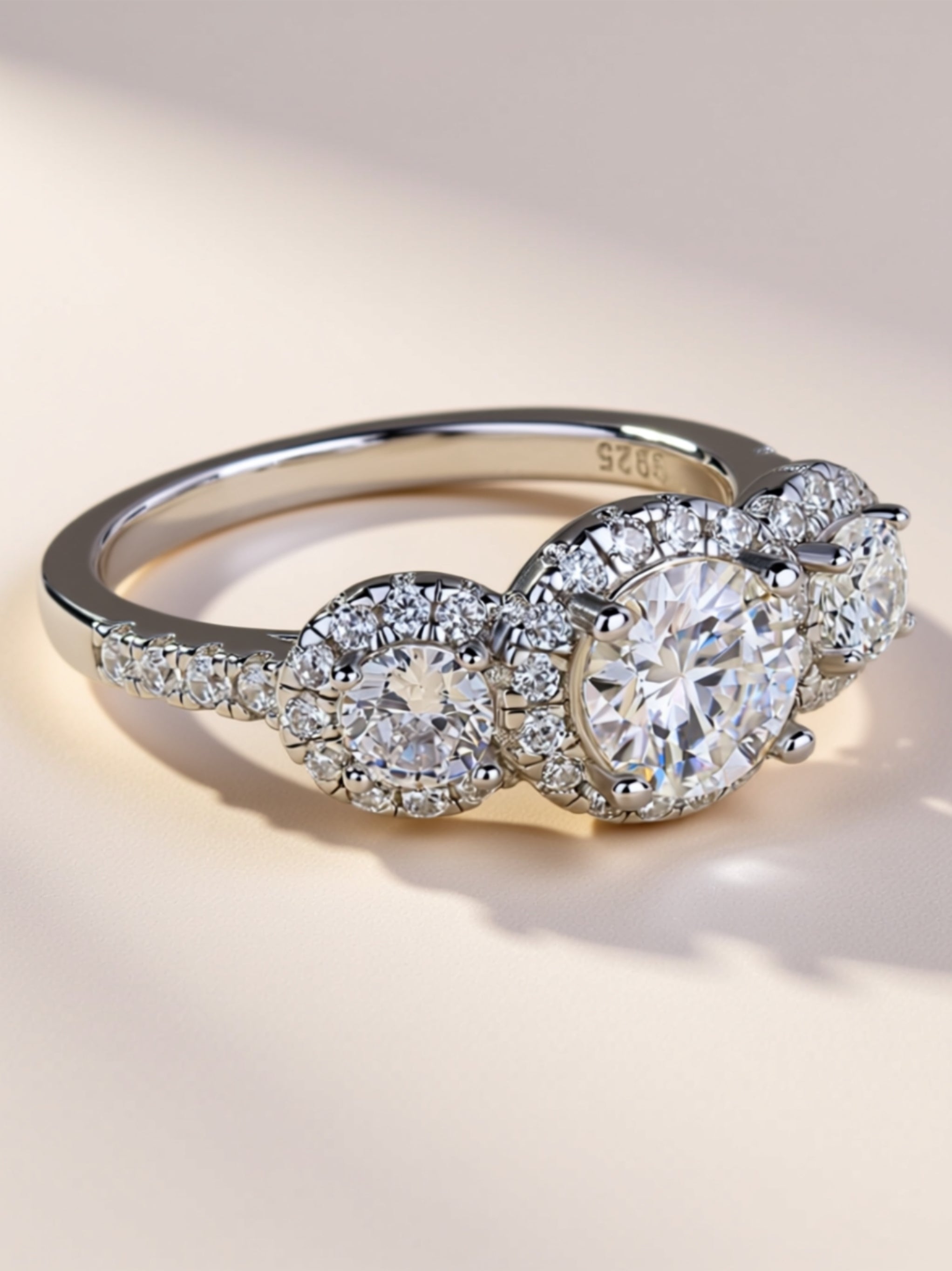 1CT Three‑Stone Moissanite Halo Engagement Ring