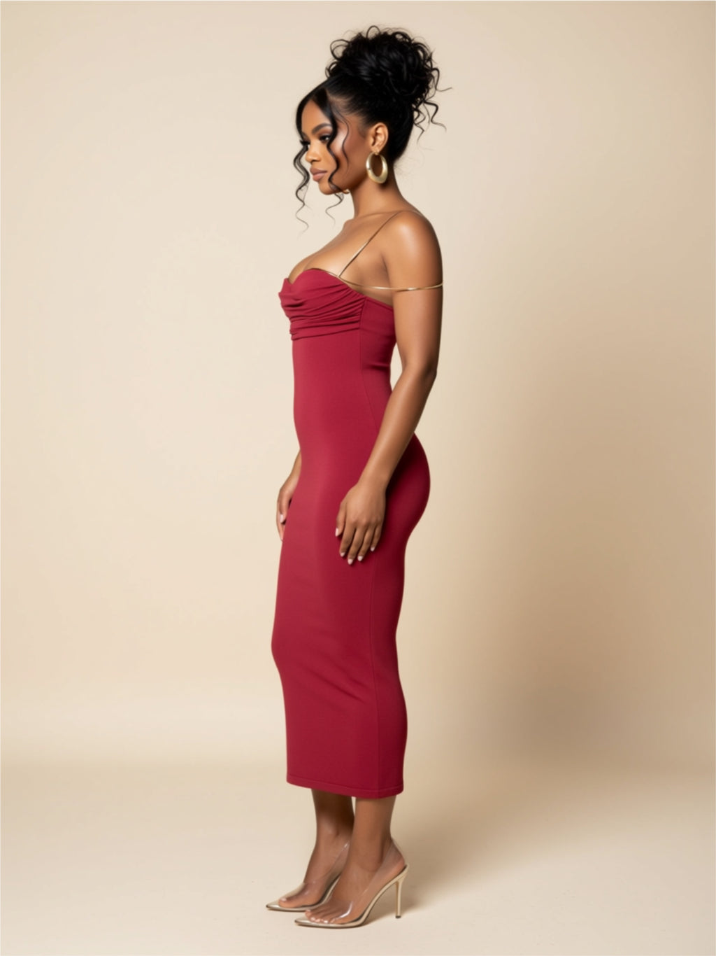 Dark Pink High Waist Ruched Bust Midi Dress