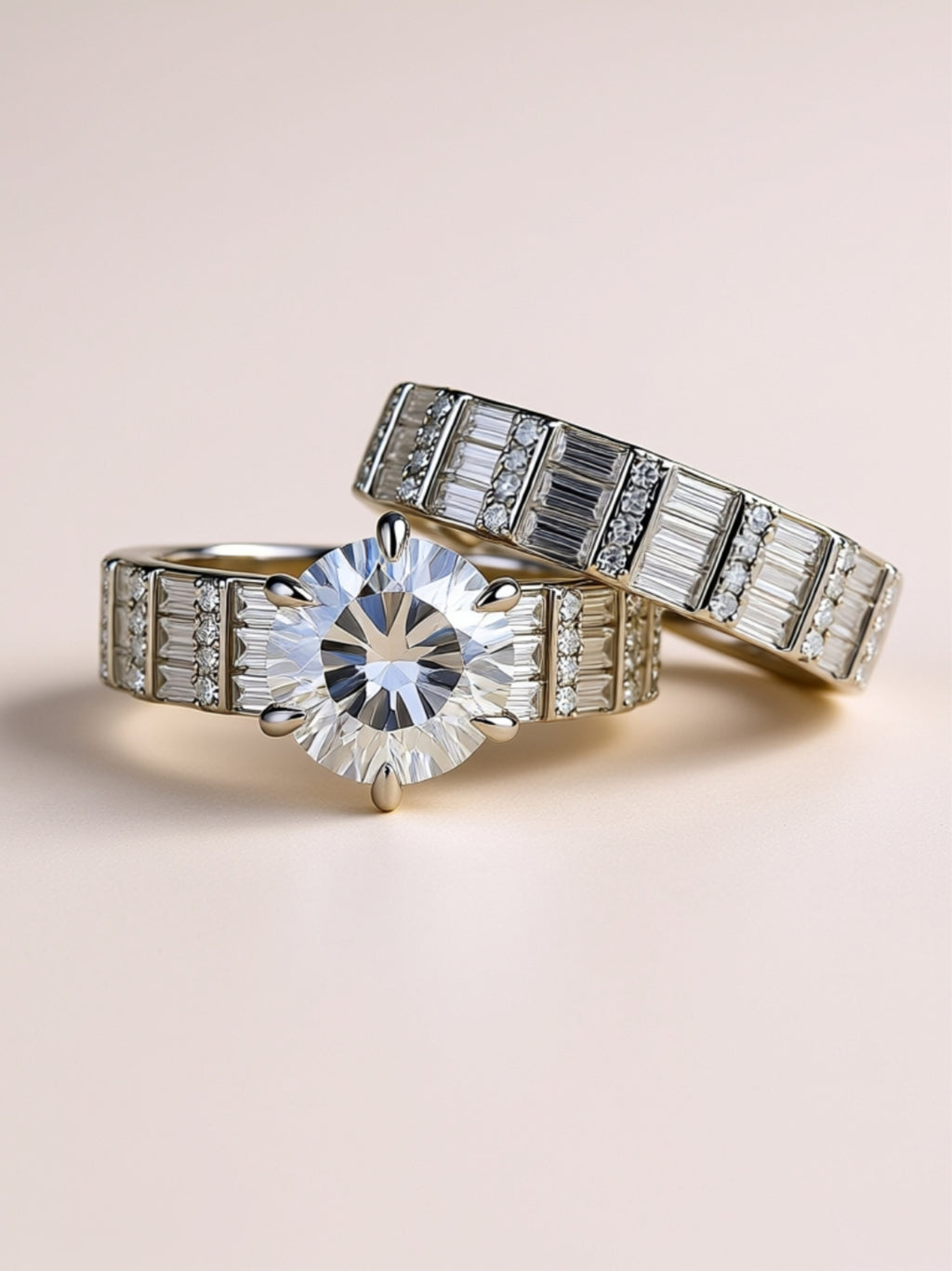 3CT Round Moissanite Bridal Ring Set - Baguette Eternity Wedding Band & Solitaire Engagement Ring