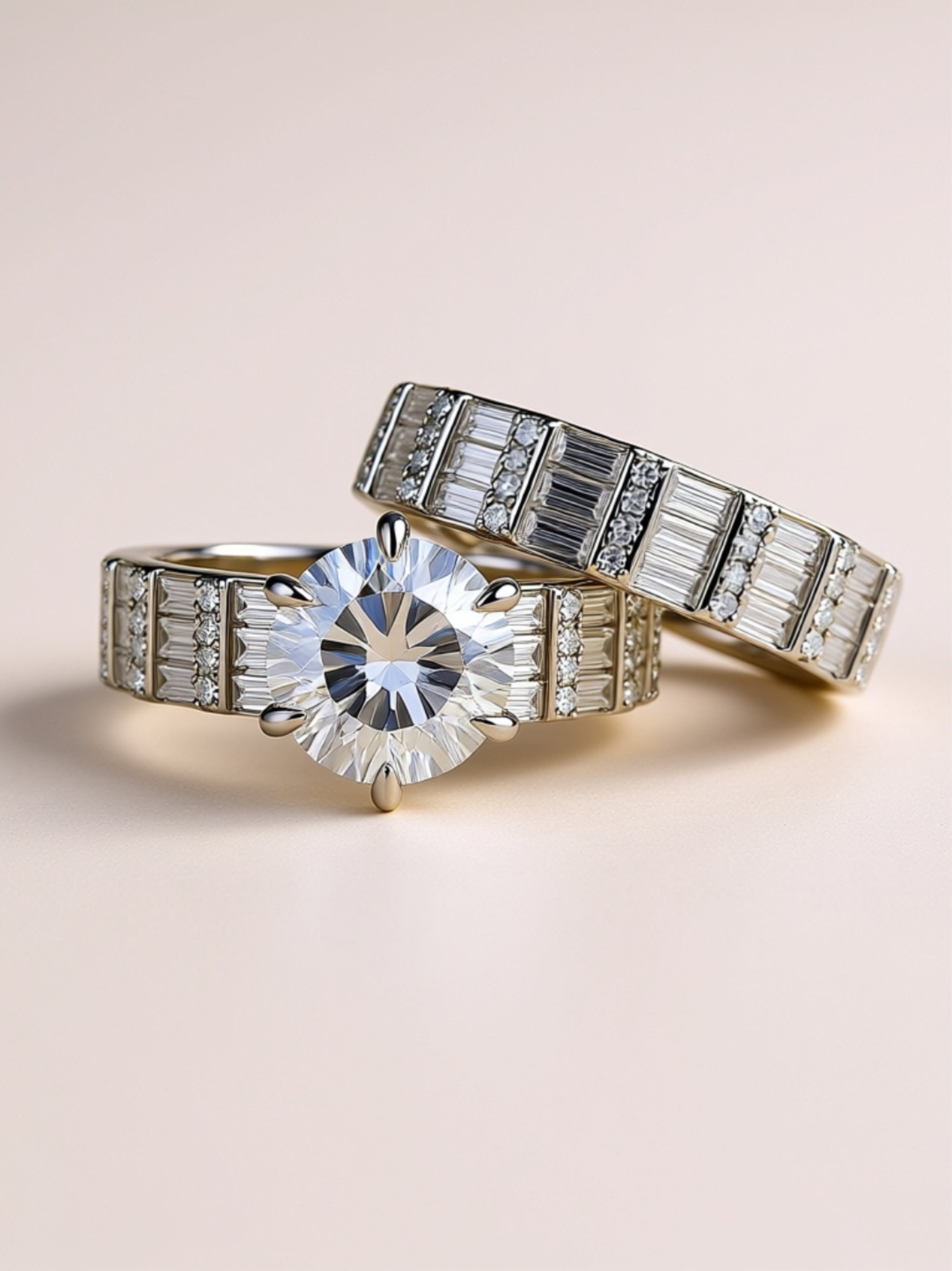 3CT Round Moissanite Bridal Ring Set - Baguette Eternity Wedding Band & Solitaire Engagement Ring