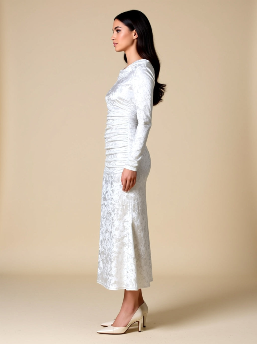 Ruched Long Sleeve Velvet Maxi Dress