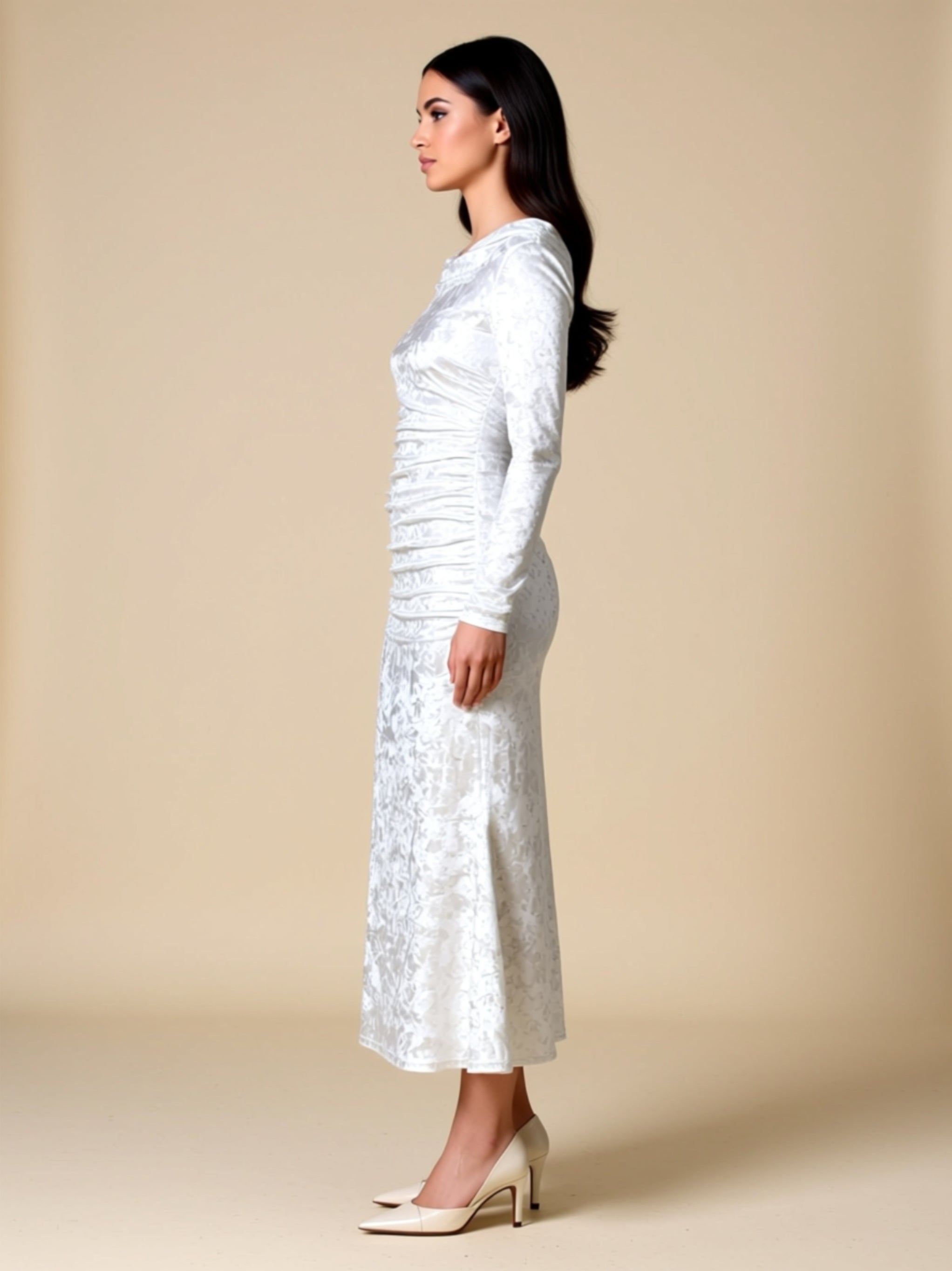 Ruched Long Sleeve Velvet Maxi Dress