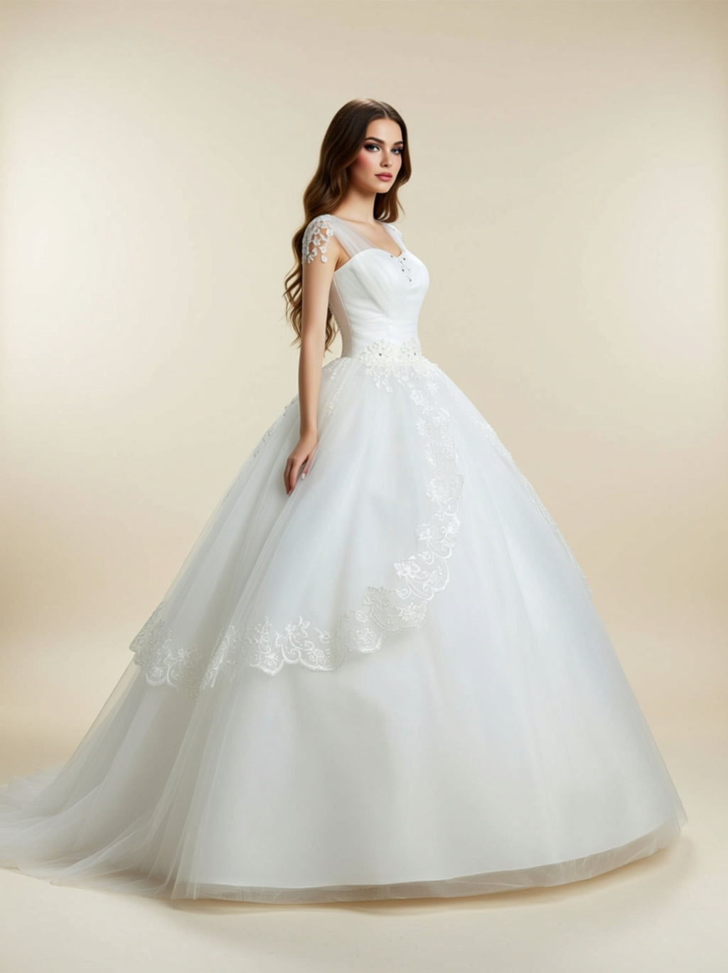 Elegant White Ball Gown Wedding Dress with Lace Appliqué & Tulle Skirt