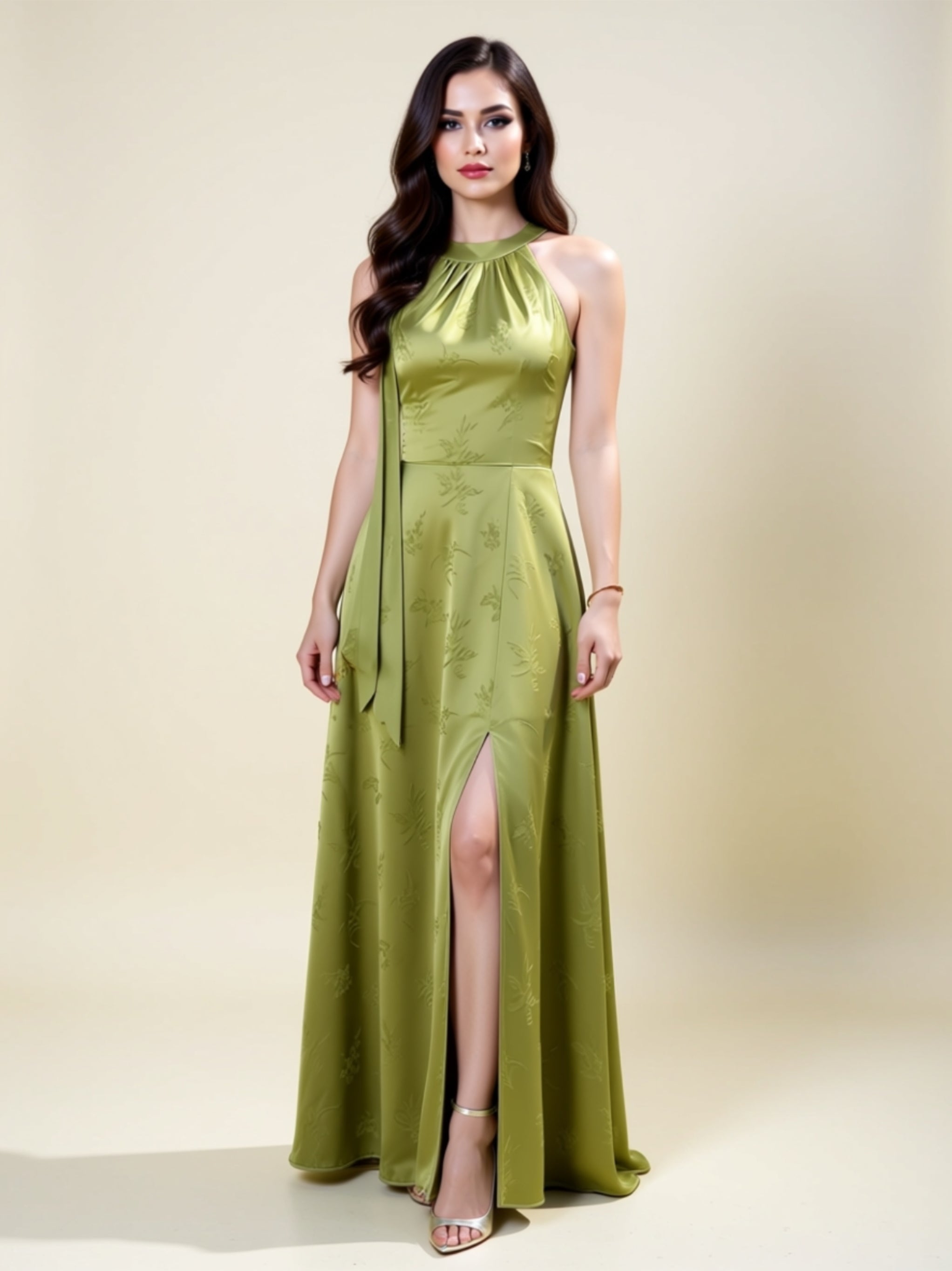 Elegant Sage Green Off‑Shoulder & Spaghetti Strap Maxi Dress with Side Slit