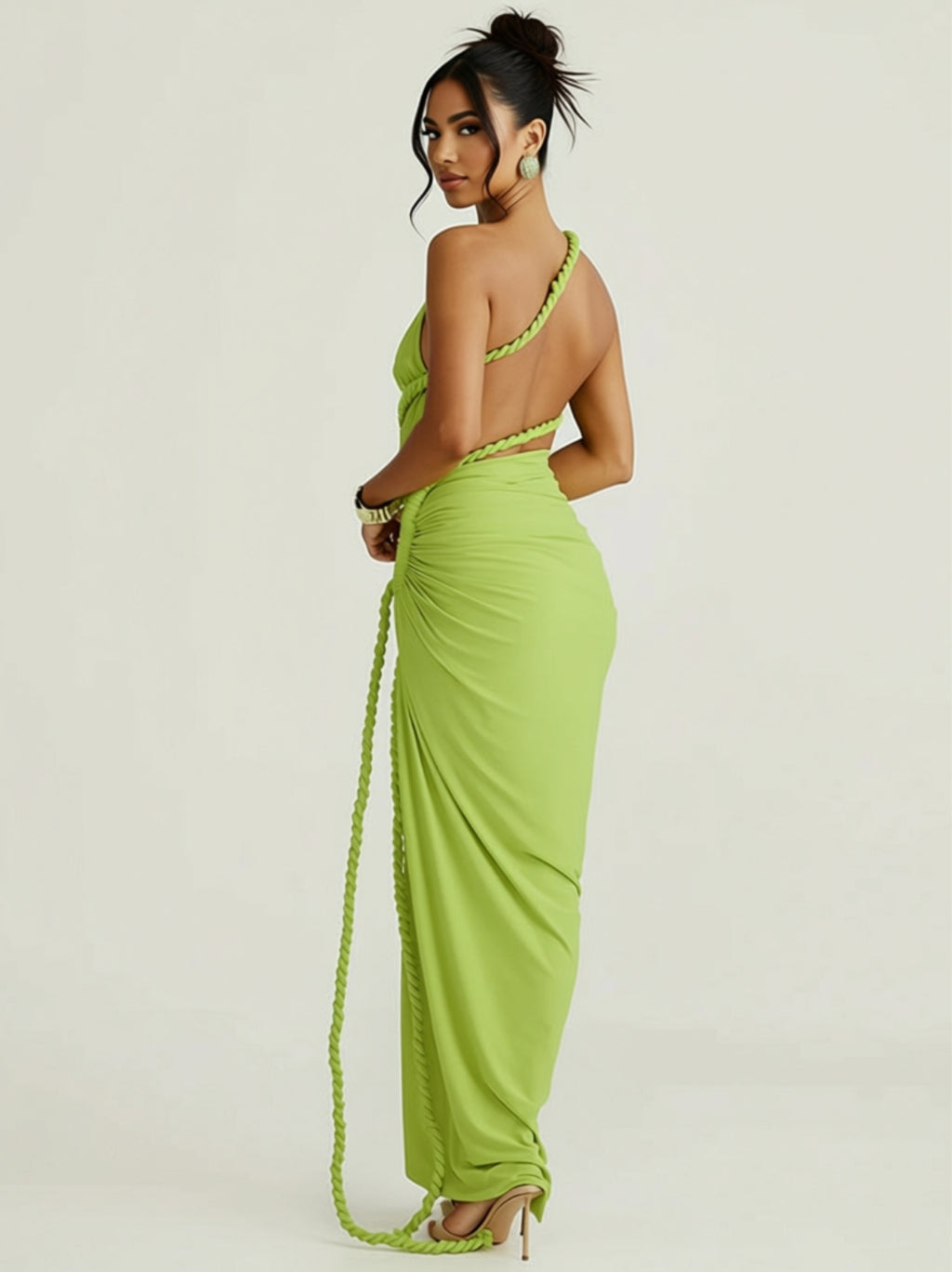One-Shoulder Ruched Maxi Dress with High Slit