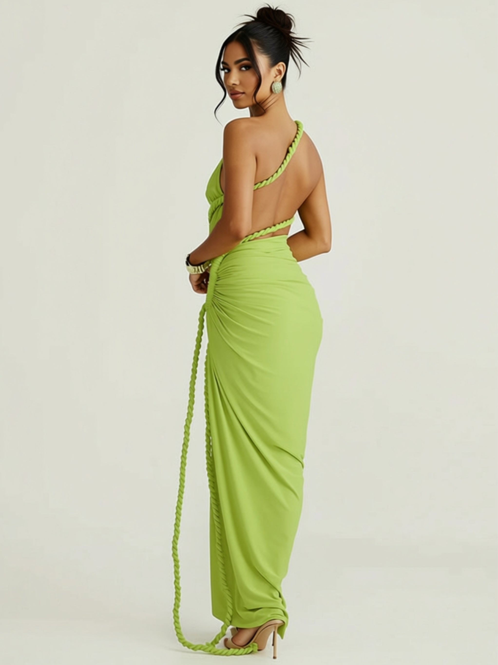 One-Shoulder Ruched Maxi Dress with High Slit
