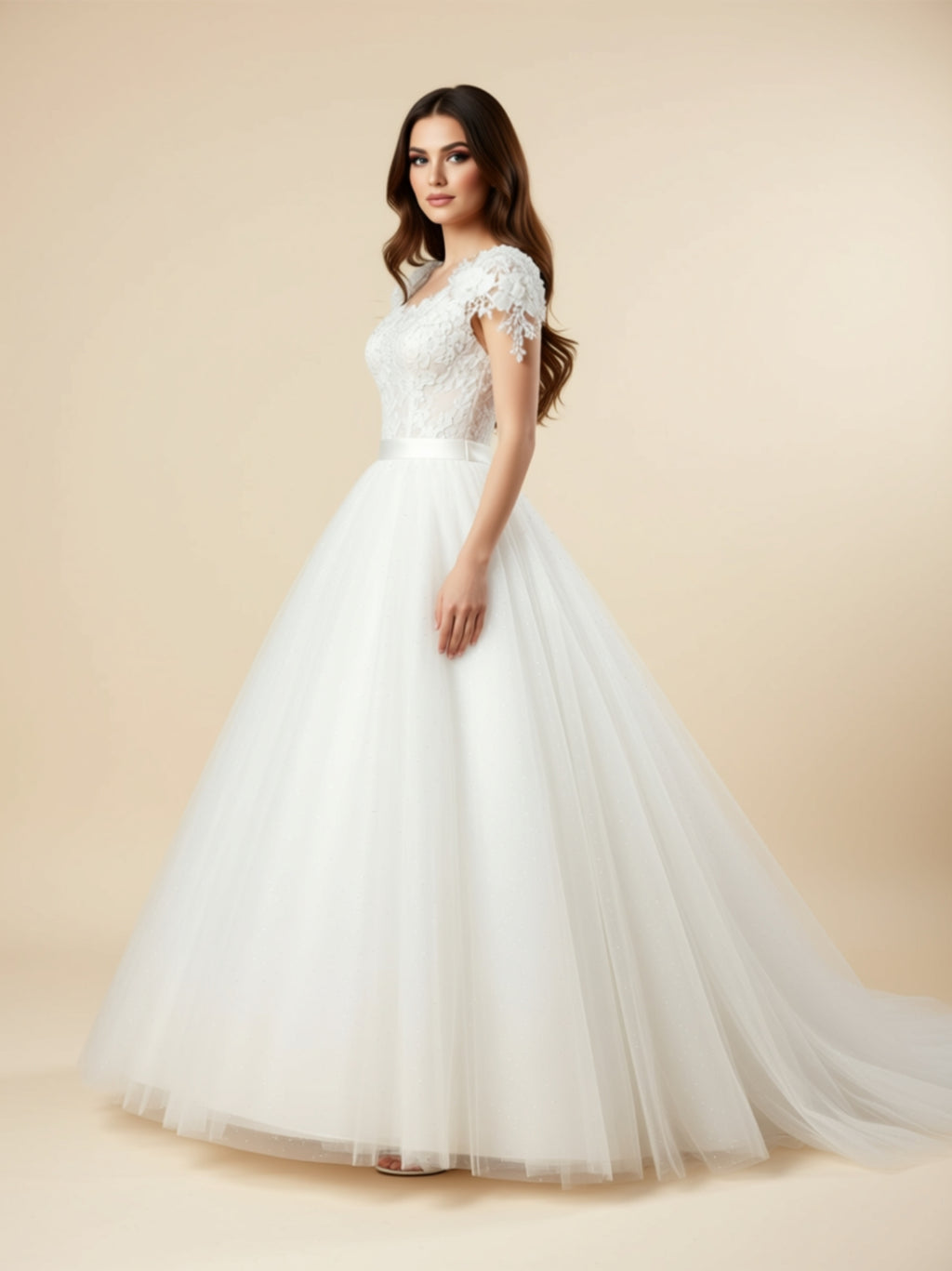 Off‑Shoulder Tulle Bridal Gown with Corset Back & Full Gauze Skirt