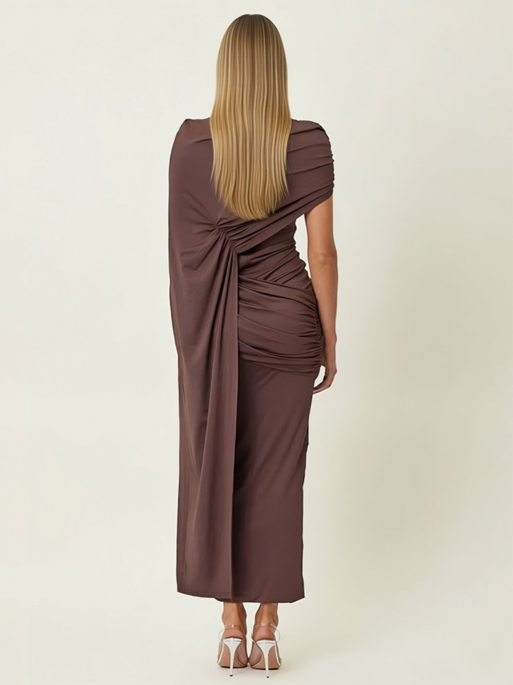 Brown High Waist Faux Two‑Piece Draped Maxi Dress