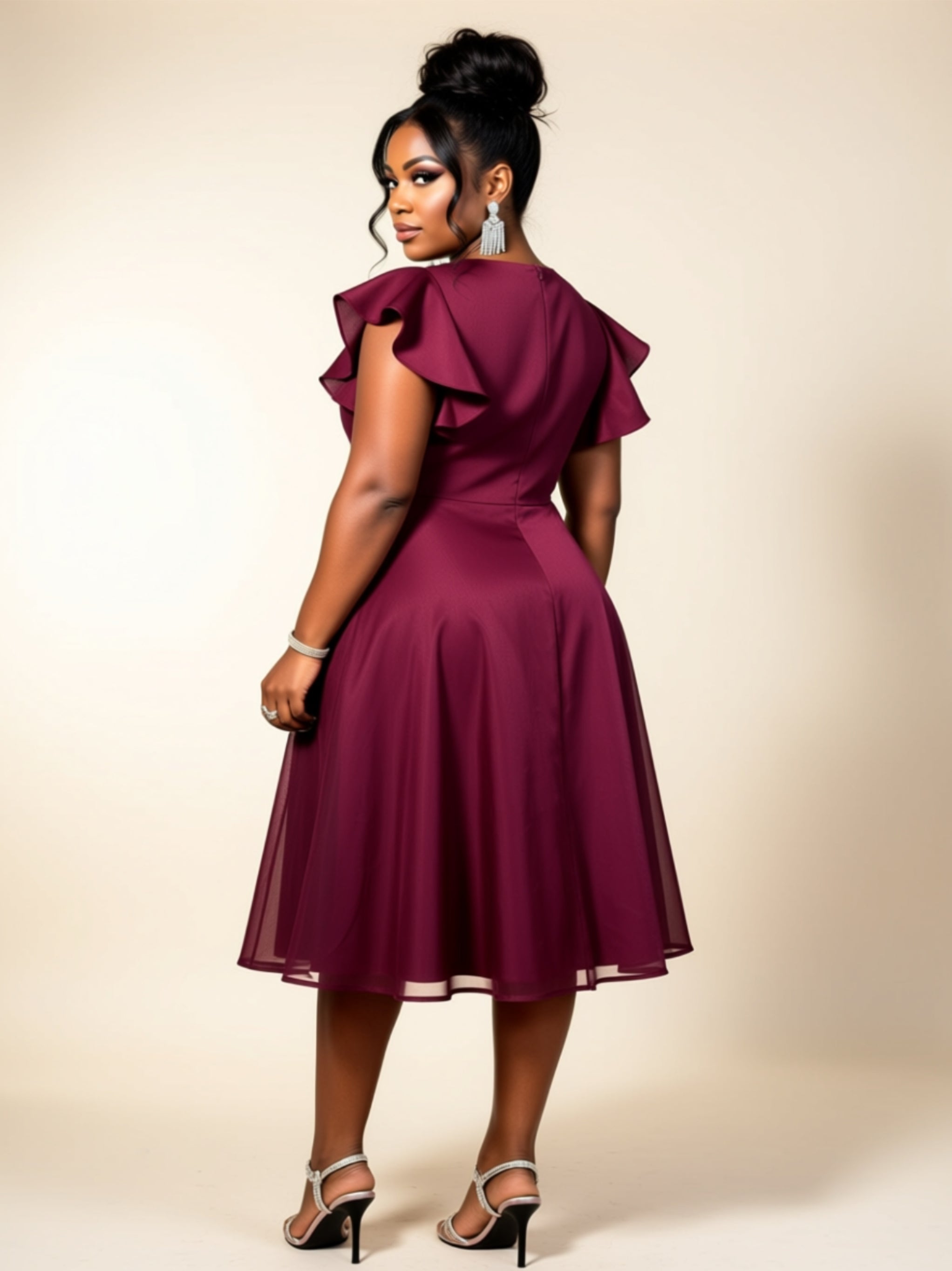 Plus Size Beaded Ruffle-Sleeve A‑Line Midi Dress