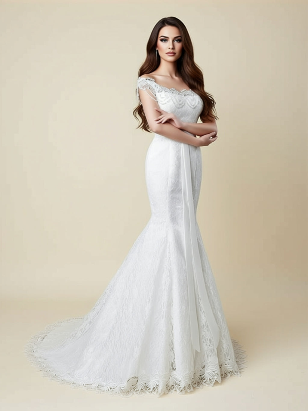 Off‑Shoulder Lace Mermaid Wedding Dress with Scalloped Train & Waist Ribbon