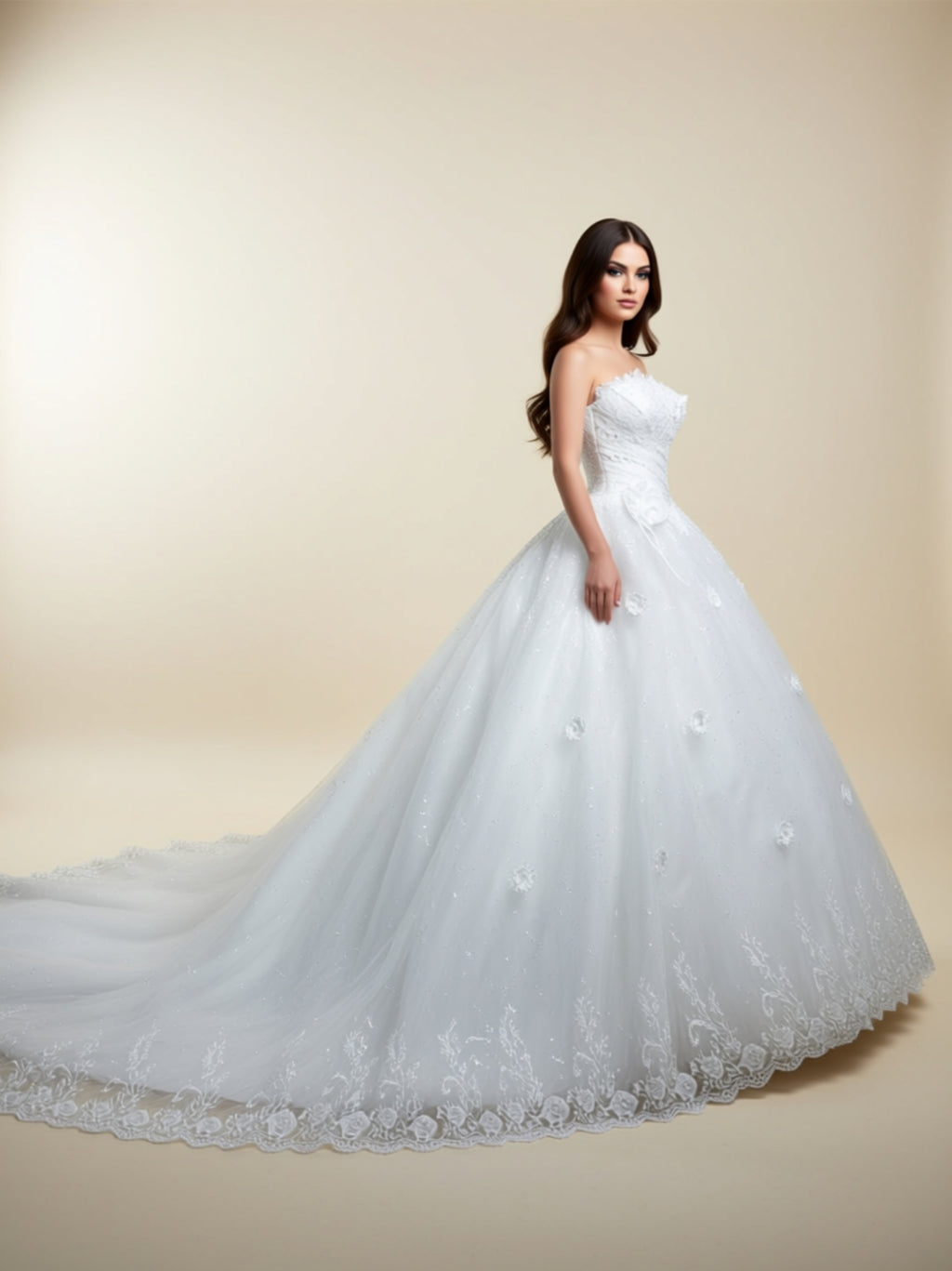 Strapless Satin & Lace Ball Gown Wedding Dress with 3D Floral Appliqué and Long Train