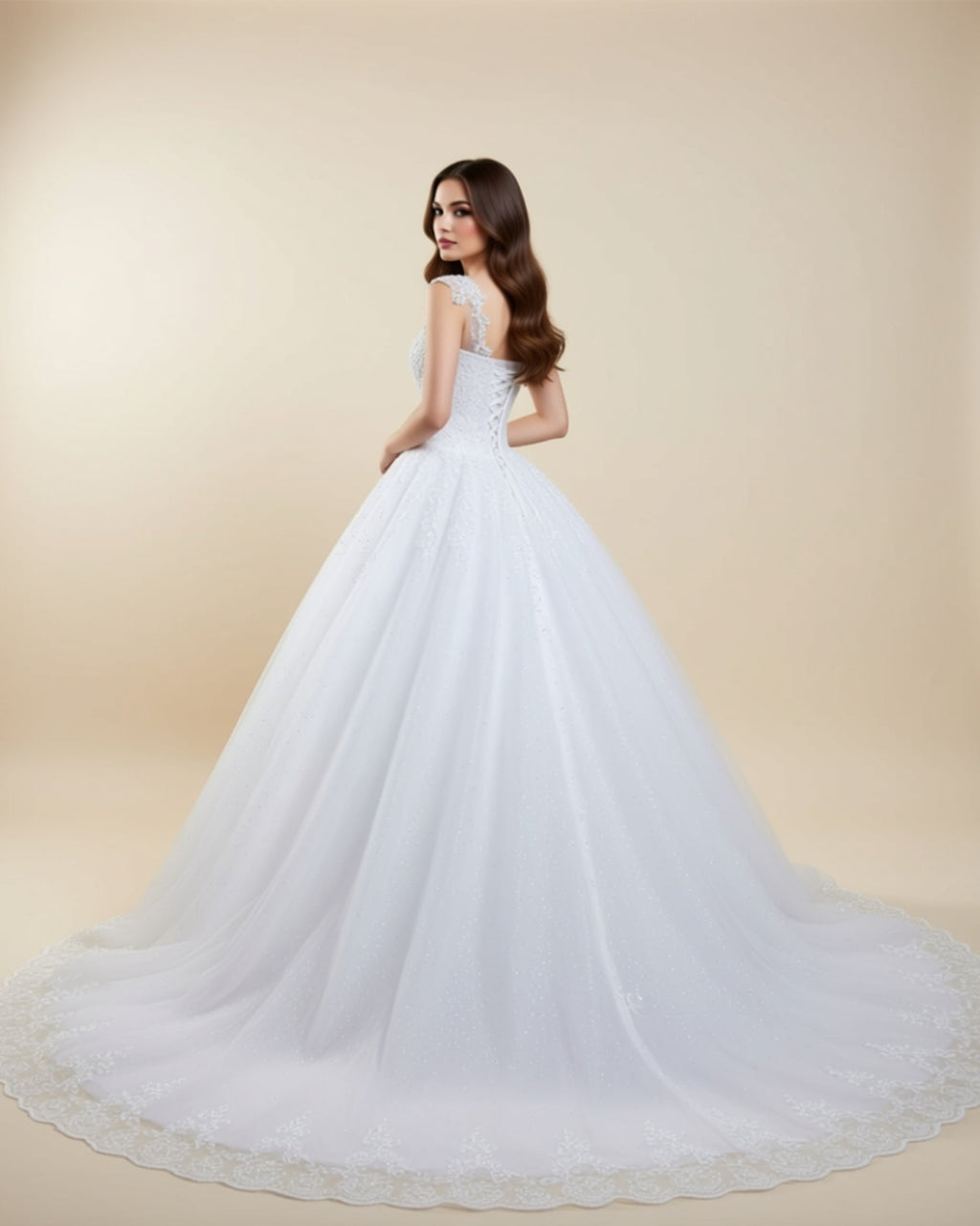 Luxury Embellished Lace Ball Gown Wedding Dress with Sweetheart Neckline & Scalloped Cathedral Train