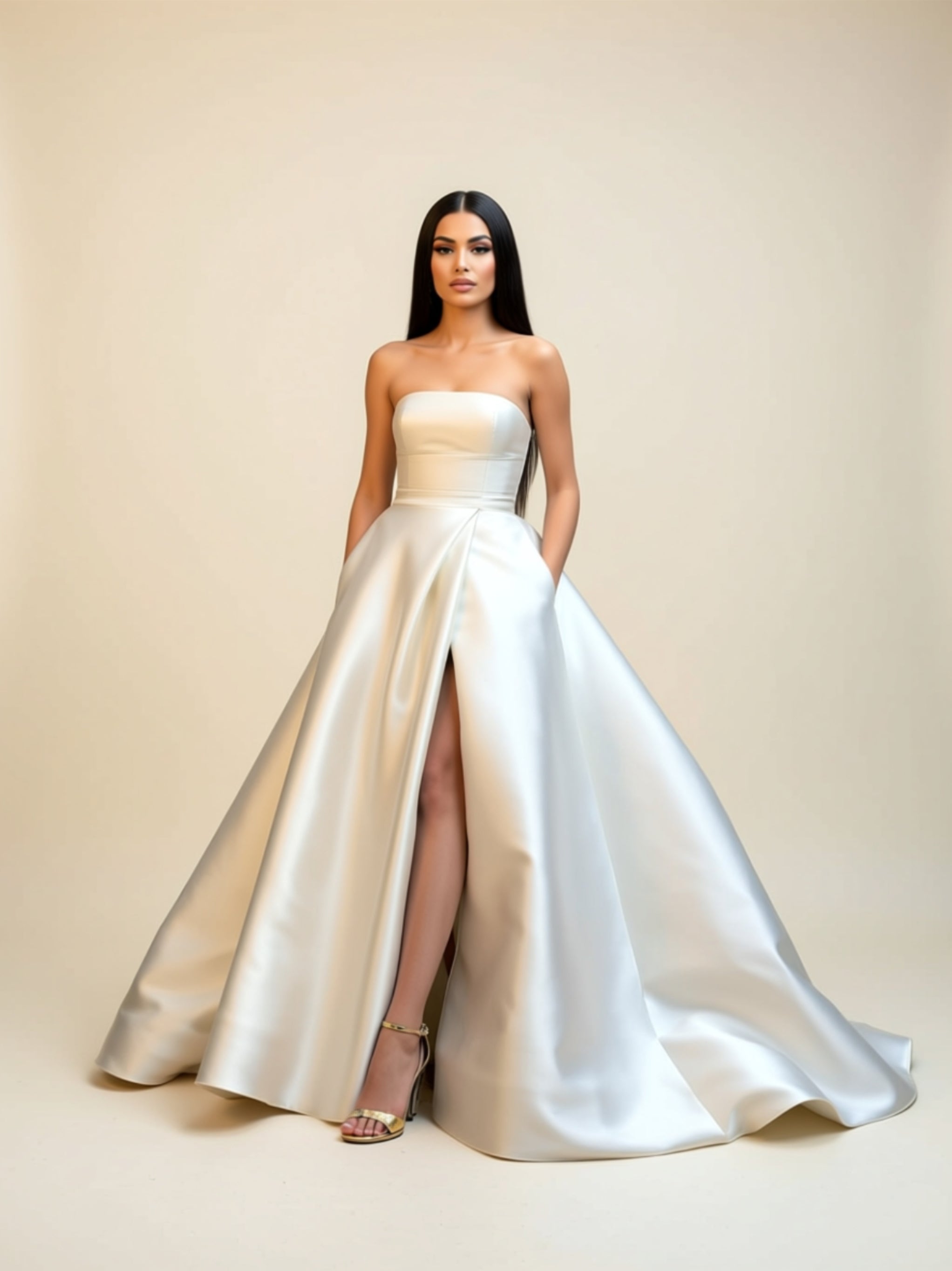 Strapless Satin A‑Line Ball Gown with High Slit