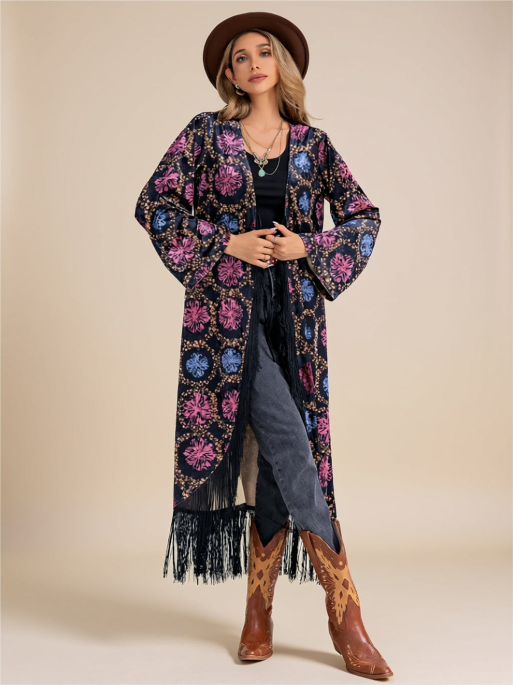 Boho Fringe Long Kimono Cardigan