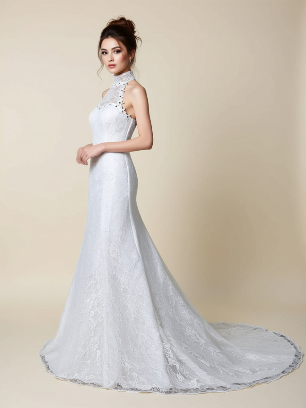 Elegant High‑Neck Lace Mermaid Evening Gown with Embellished Illusion Neckline