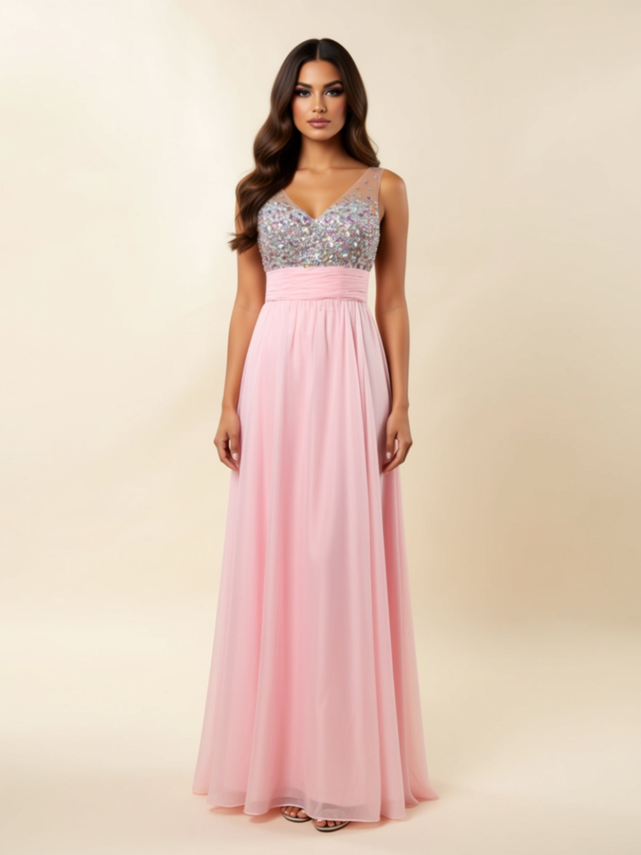 Silk Chiffon Diamond‑Embellished Evening Gown