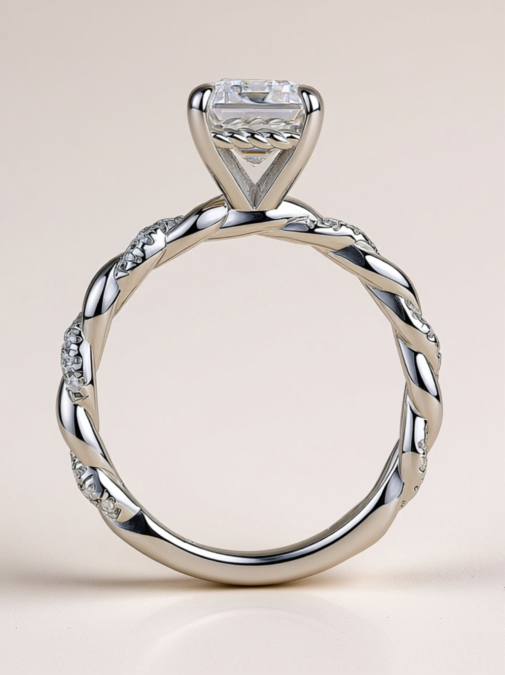 Moissanite Engagement Ring – Emerald Cut Solitaire with Twisted Pavé Band