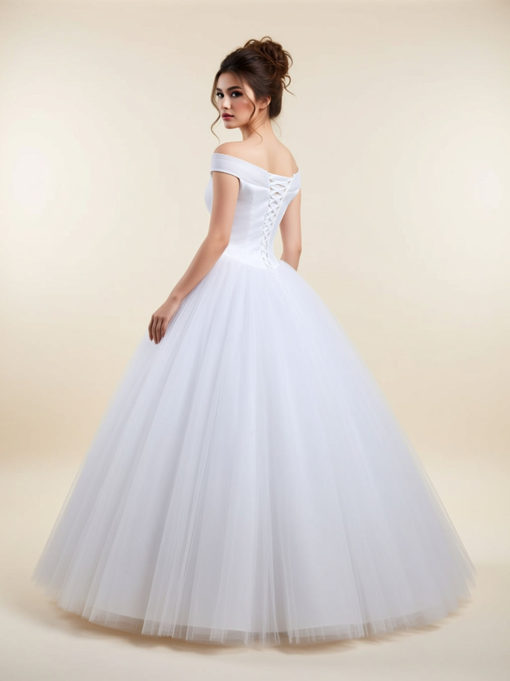 Off‑Shoulder White Ball Gown Wedding Dress with Lace Bodice & Full Tulle Skirt