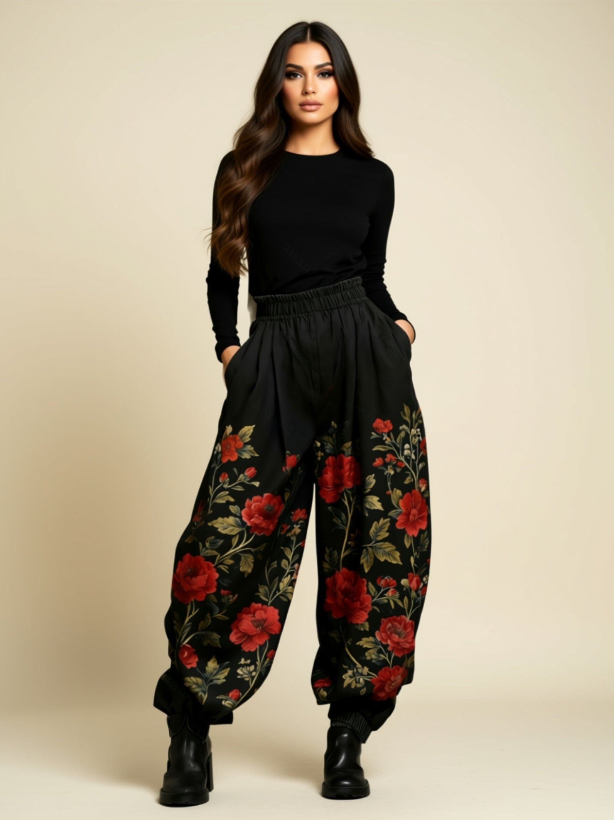 Floral High-Waisted Wide-Leg Lantern Pants with Cuffed Hem