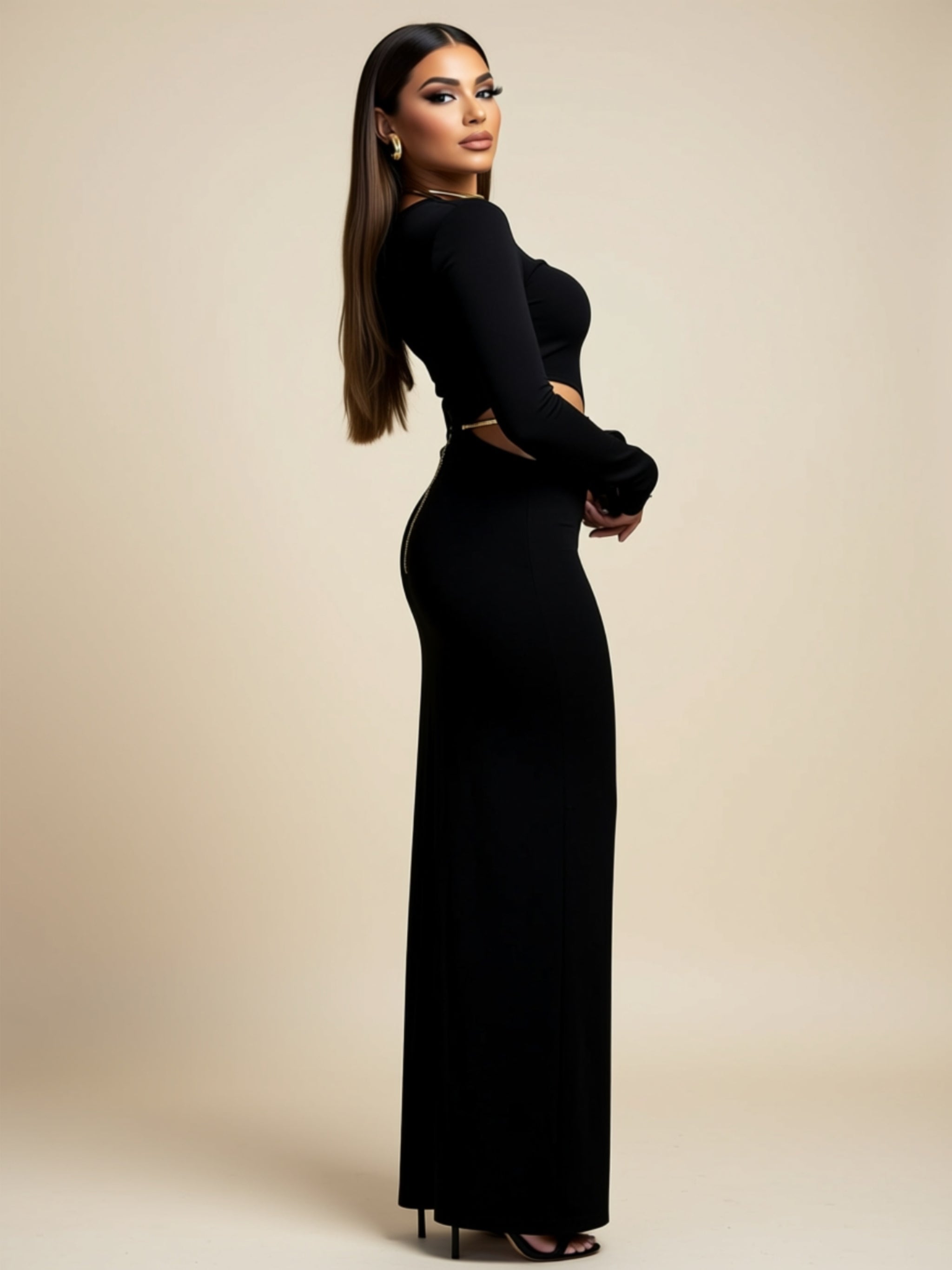 Cut Out Long Sleeve Maxi Dress with Waist Chain