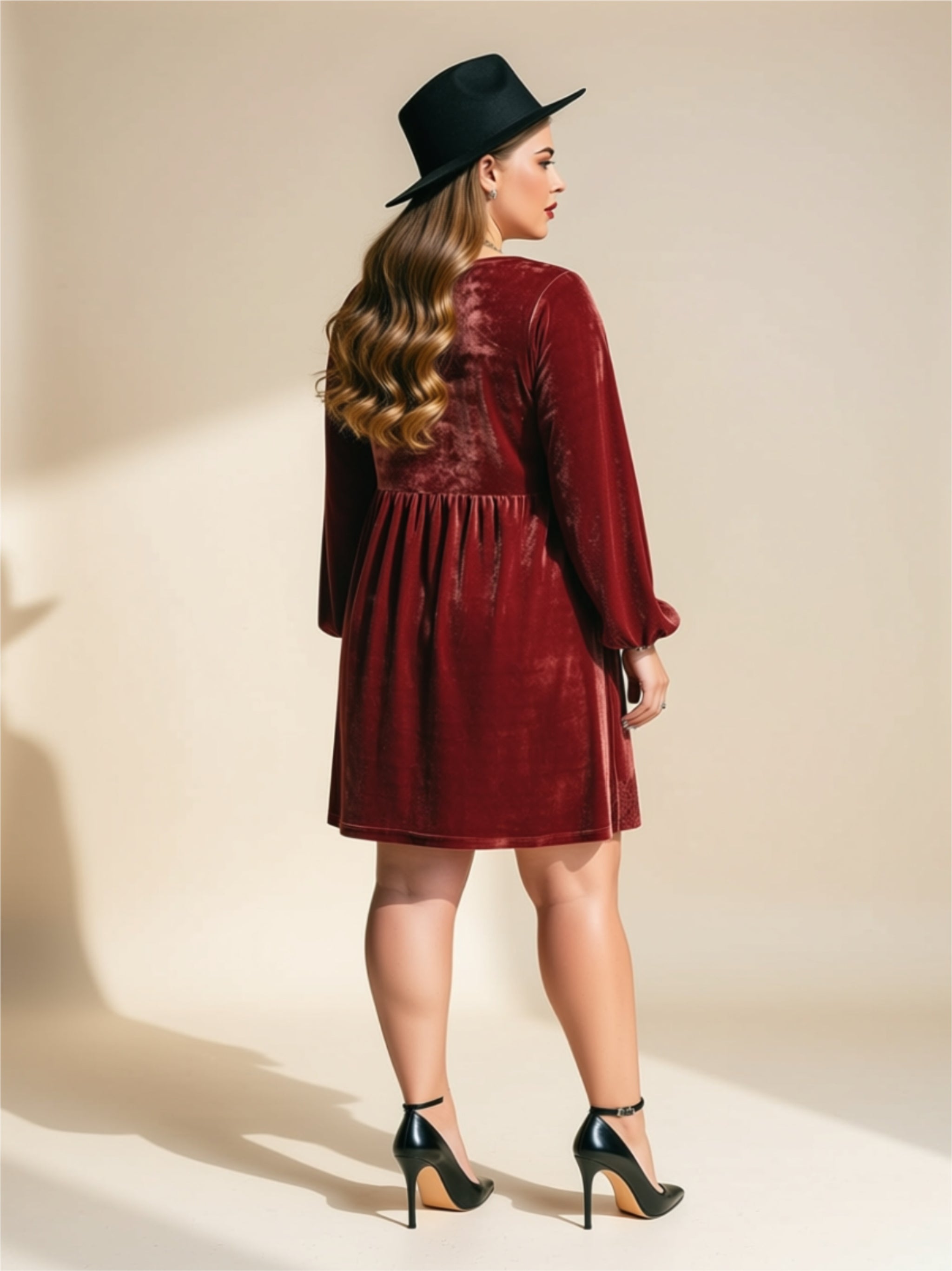 Velvet Lace Detail Ruched Long-Sleeve Mini Dress