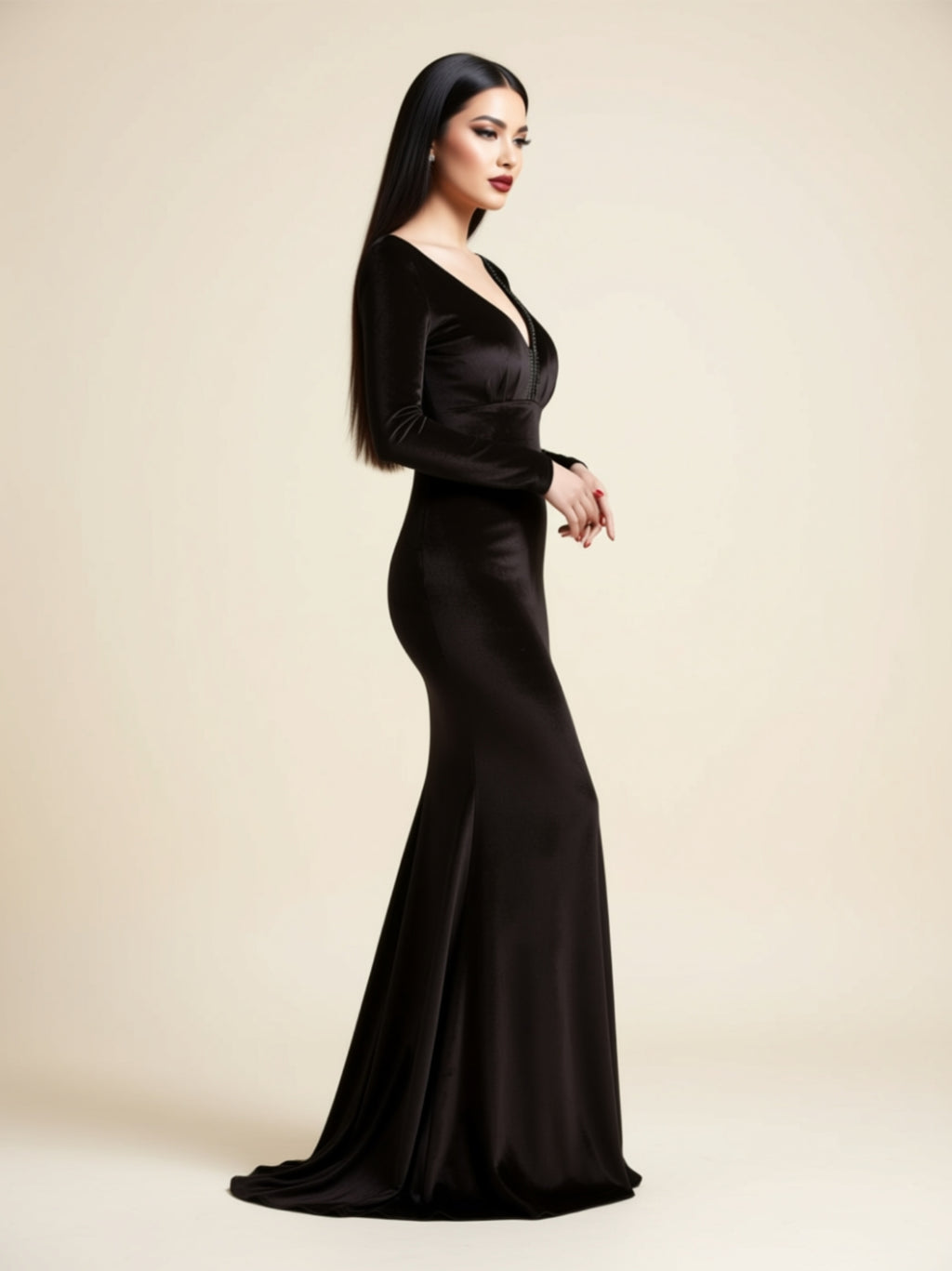Long Sleeve Velvet V‑Neck Mermaid Gown