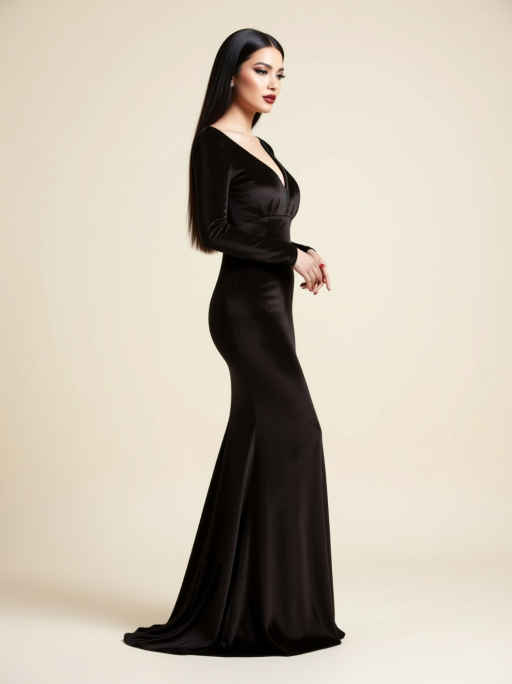 Long Sleeve Velvet V‑Neck Mermaid Gown