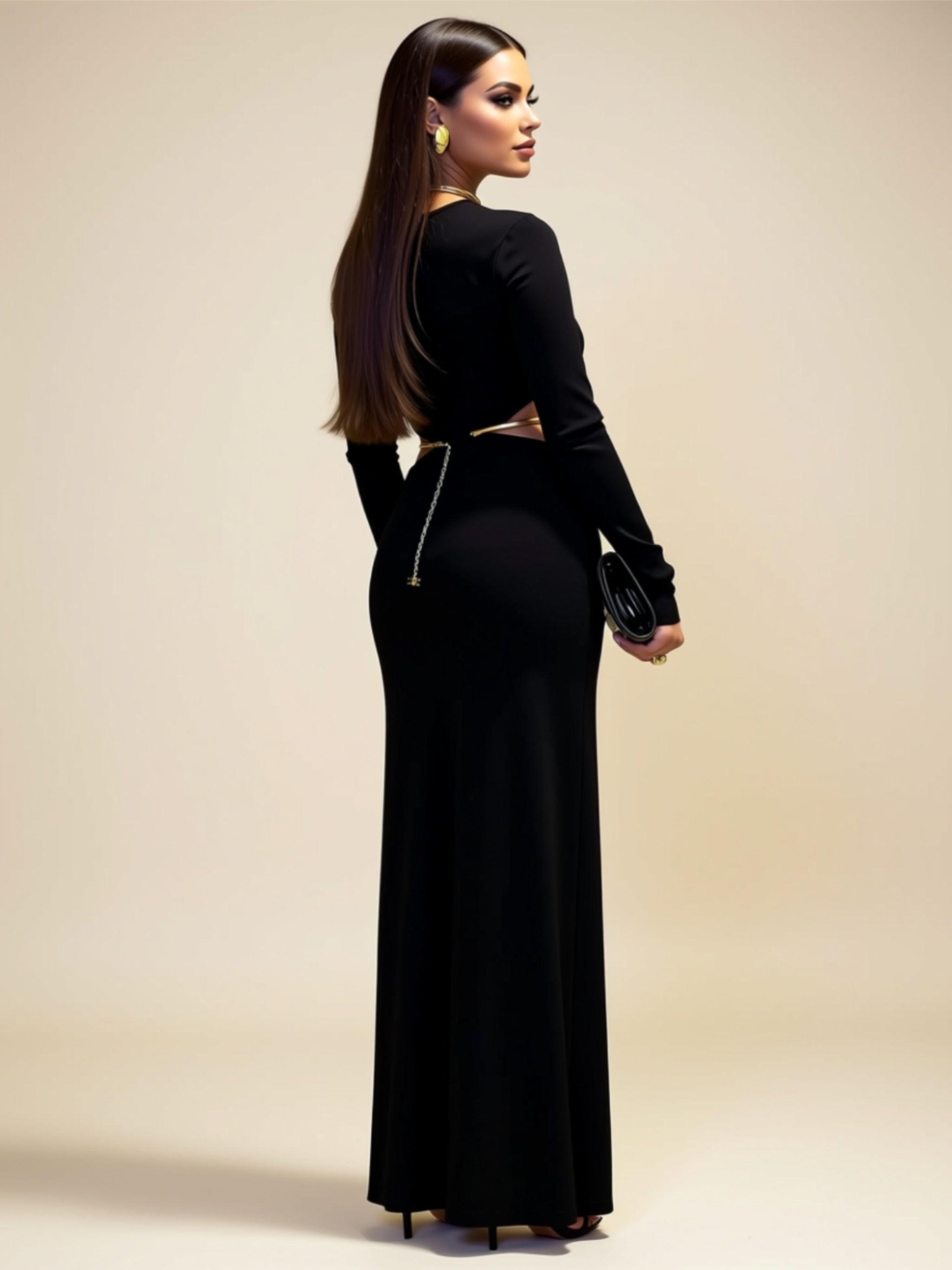 Cut Out Long Sleeve Maxi Dress with Waist Chain