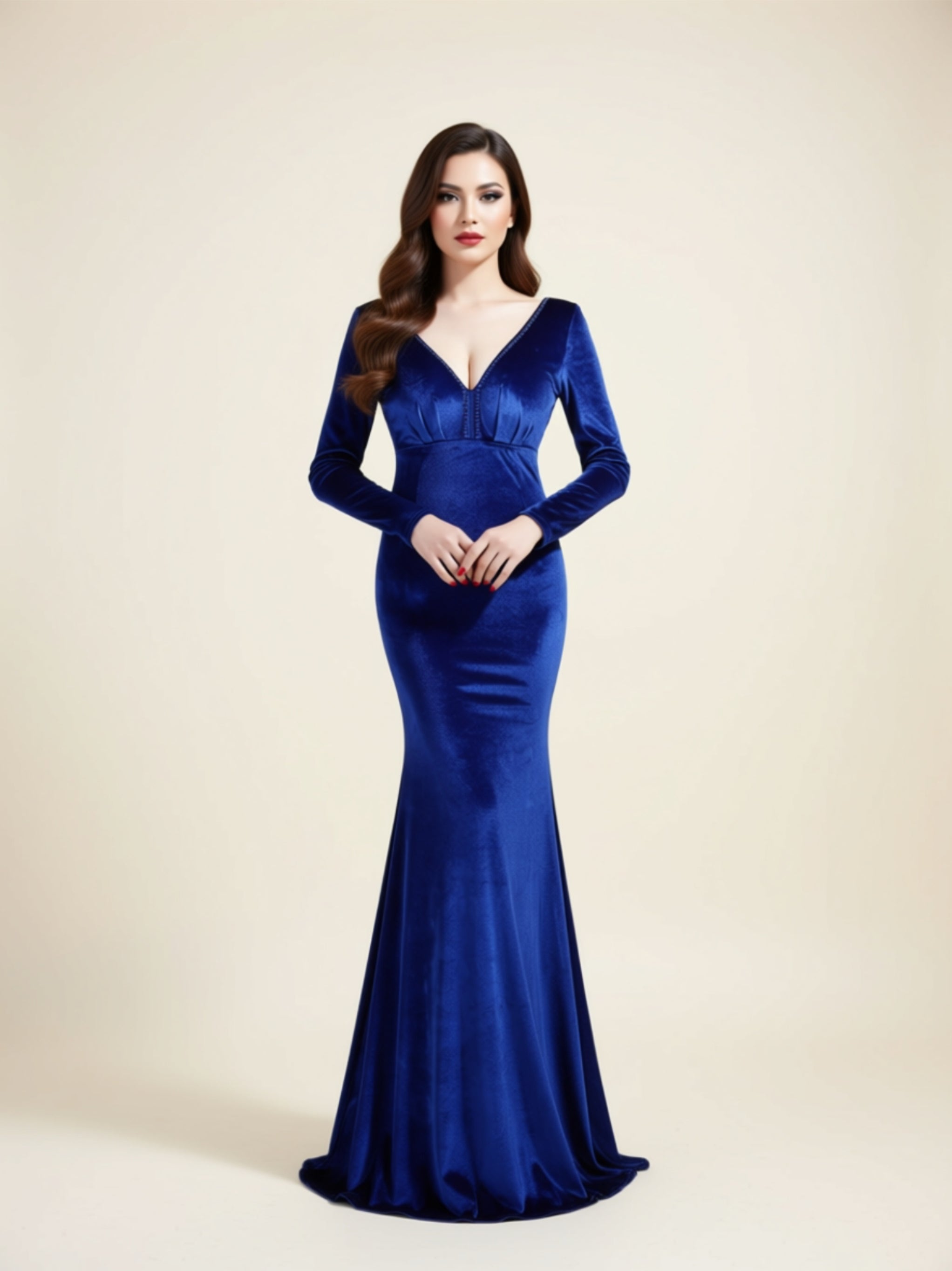 Long Sleeve Velvet V‑Neck Mermaid Gown