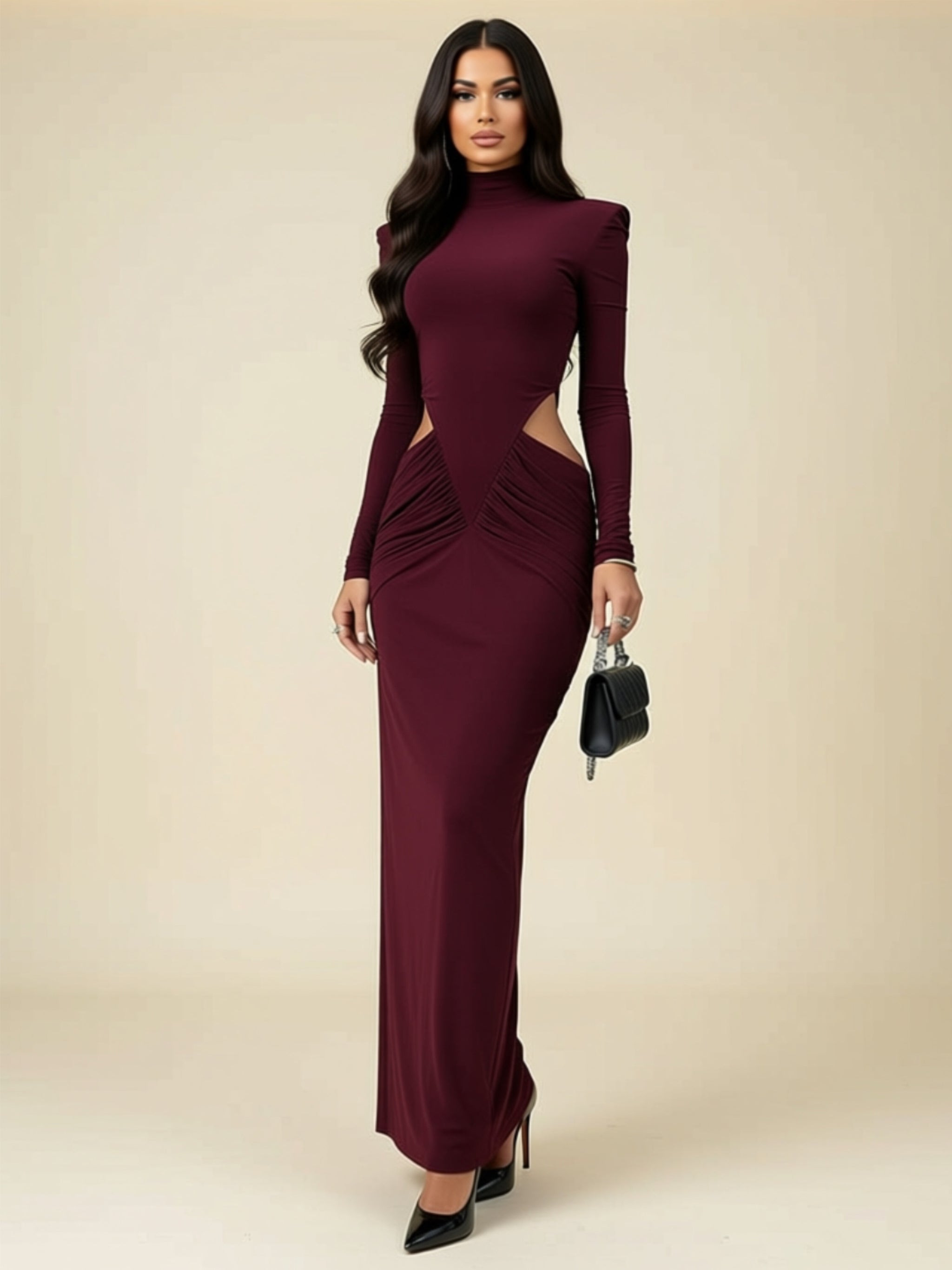 Cutout Long Sleeve Pleated Maxi Dress