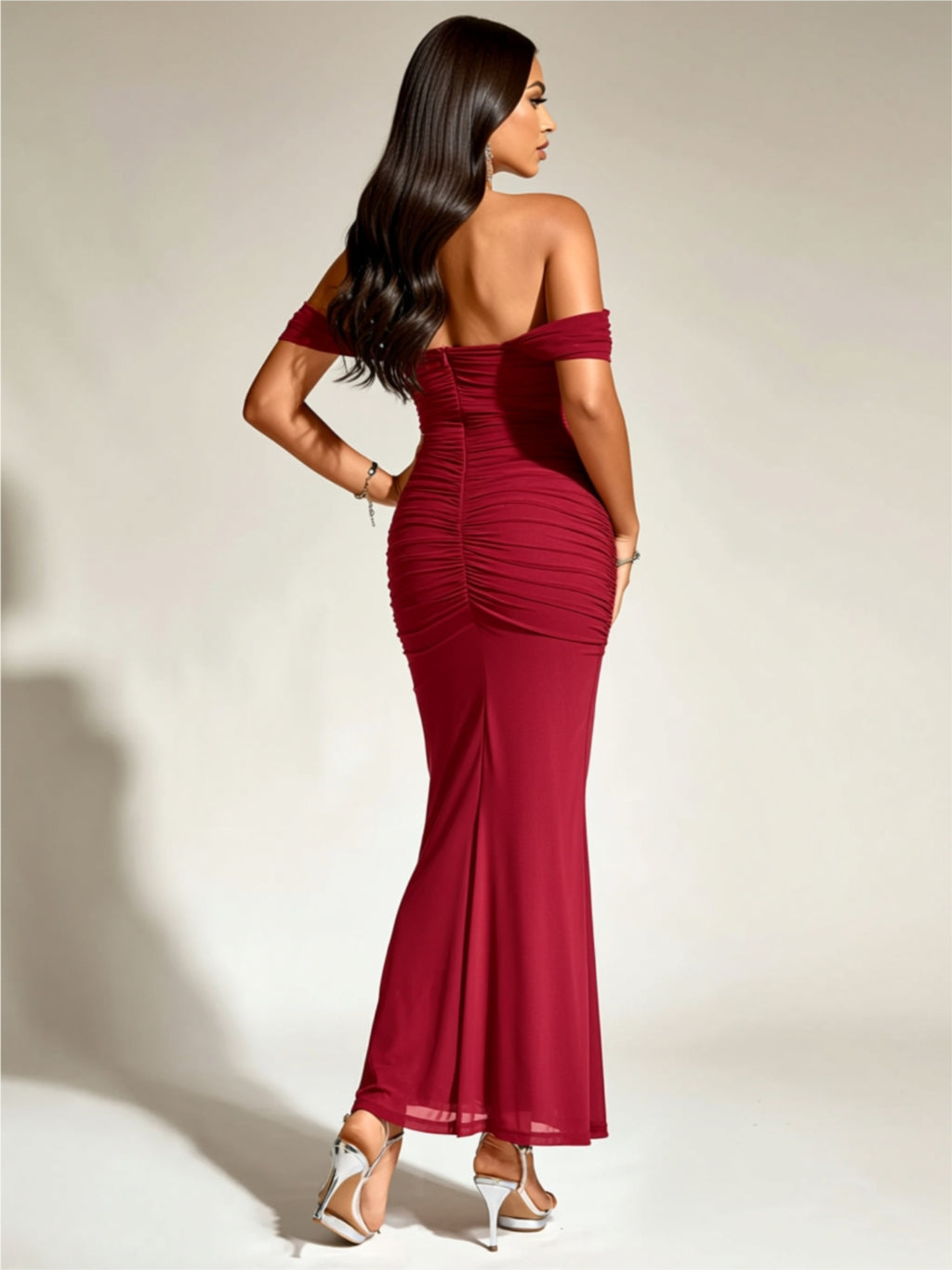 Off‑Shoulder Ruched Maxi Dress